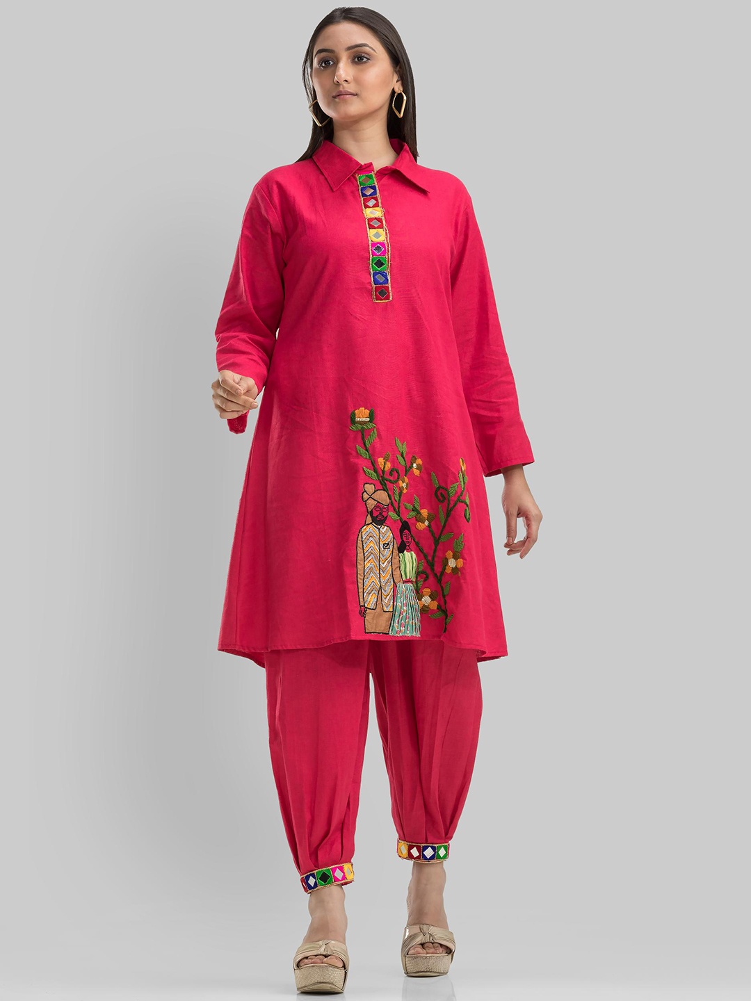 

SACRED SUTA Floral Embroidered Shirt Collar Thread Work Silk Crepe Kurti with Salwar, Red