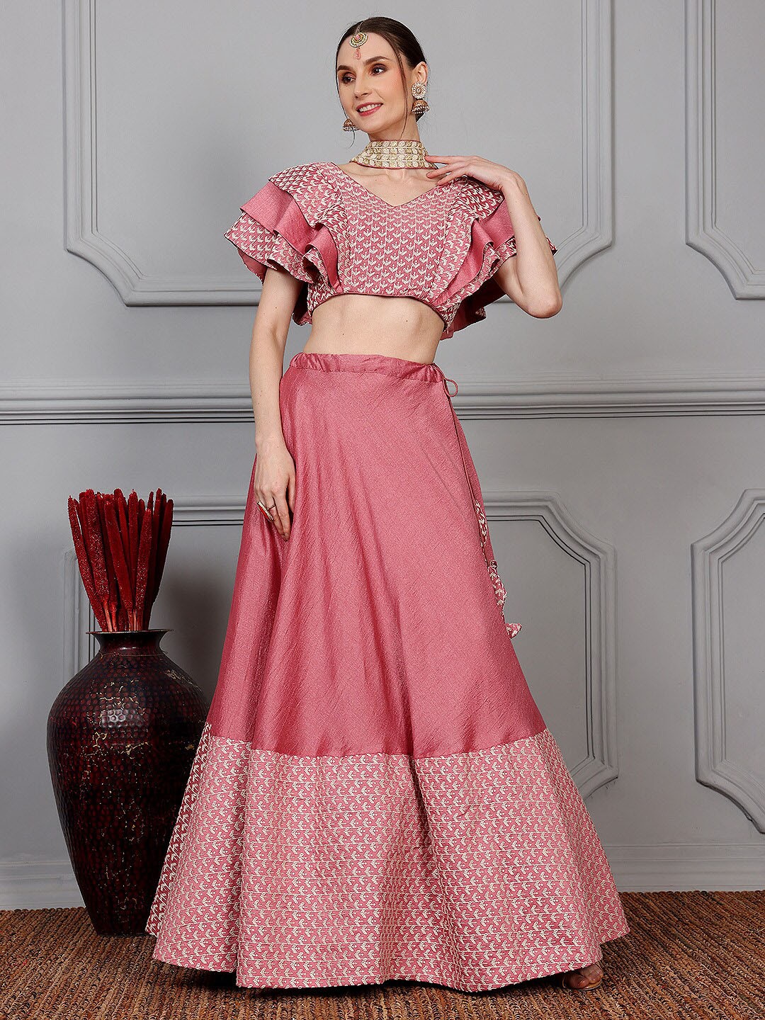 

Ethnovog Embroidered V-Neck Ready to Wear Lehenga & Blouse With Dupatta, Pink