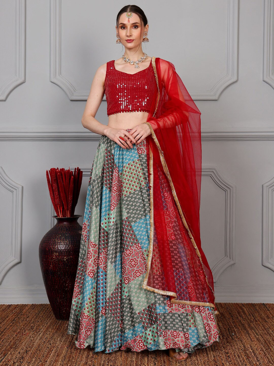 

Ethnovog Embellished Sequinned Ready to Wear Lehenga & Blouse With Dupatta, Maroon