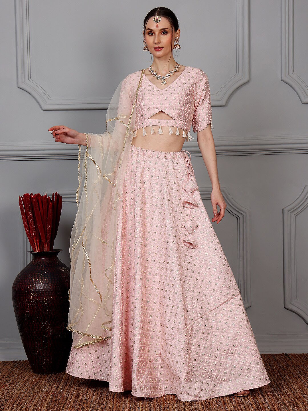 

Ethnovog Embroidered V-Neck Ready to Wear Lehenga & Blouse With Dupatta, Pink