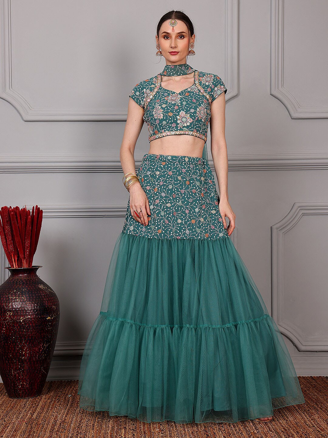 

Ethnovog Embroidered Thread Work Ready to Wear Lehenga & Blouse With Dupatta, Green