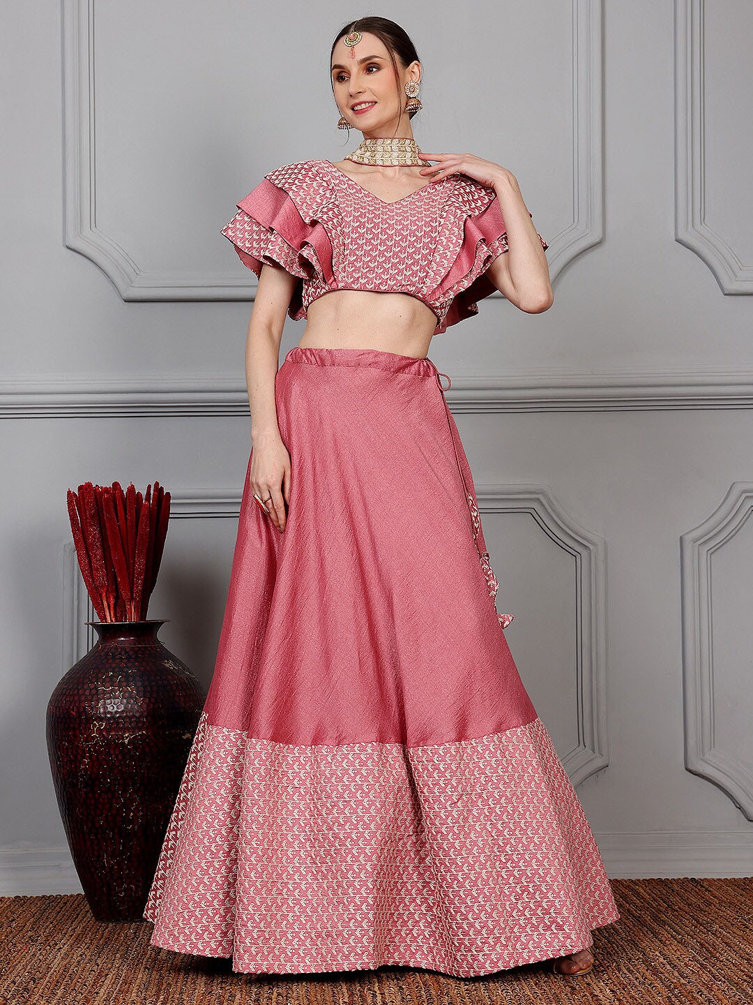 

Ethnovog Embroidered Thread Work Ready to Wear Lehenga & Blouse With Dupatta, Pink