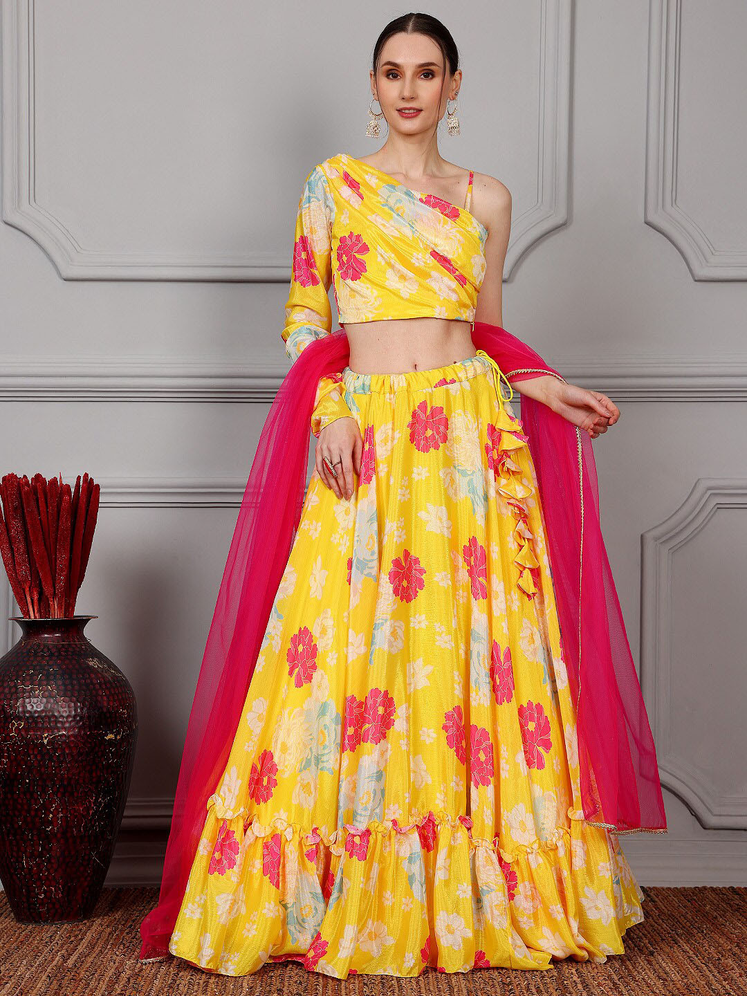 

Ethnovog One Shoulder Printed Ready to Wear Lehenga & Blouse With Dupatta, Yellow