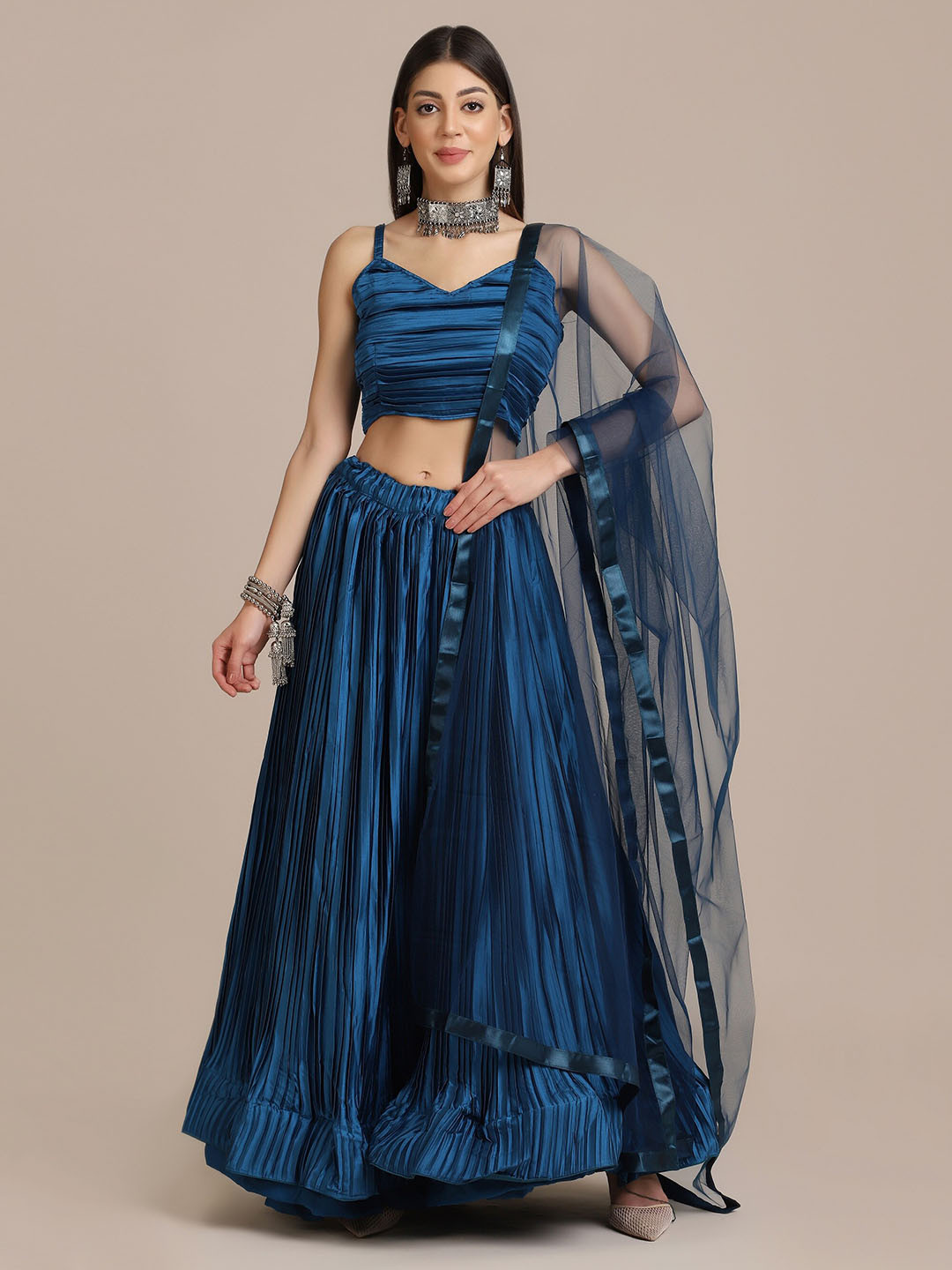 

KALINI Satin Silk Semi-Stitched Anarkali Flare Lehenga & Unstitched Blouse & Dupatta, Blue