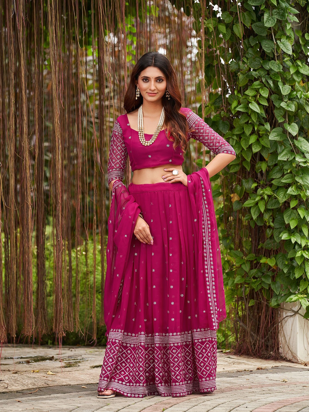 

KALINI Embroidered Georgette Semi-Stitched Lehenga & Unstitched Blouse With Dupatta, Pink