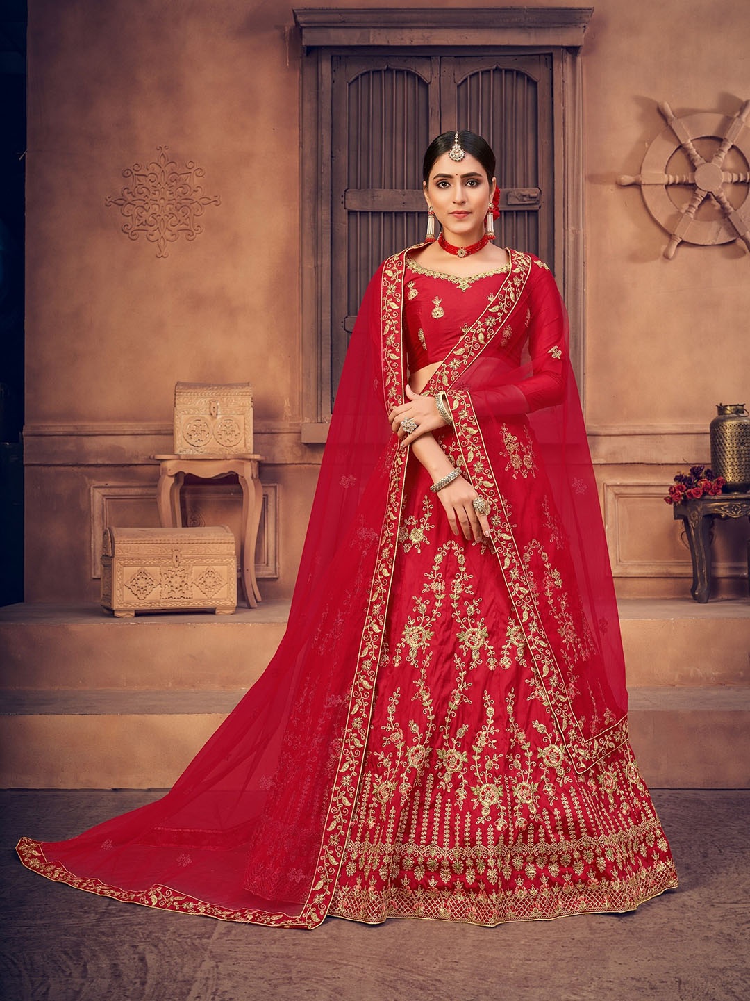 

KALINI Embroidered Semi-Stitched Lehenga & Unstitched Blouse With Dupatta, Red