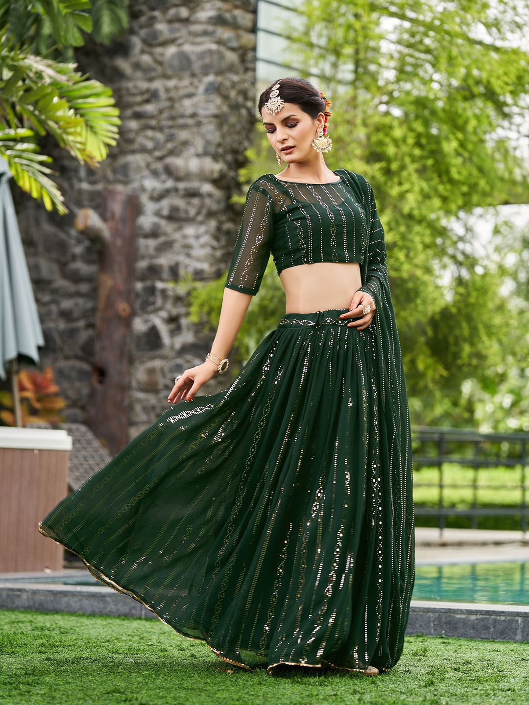 

KALINI Embellished Georgette Semi-Stitched Lehenga & Unstitched Blouse With Dupatta, Green