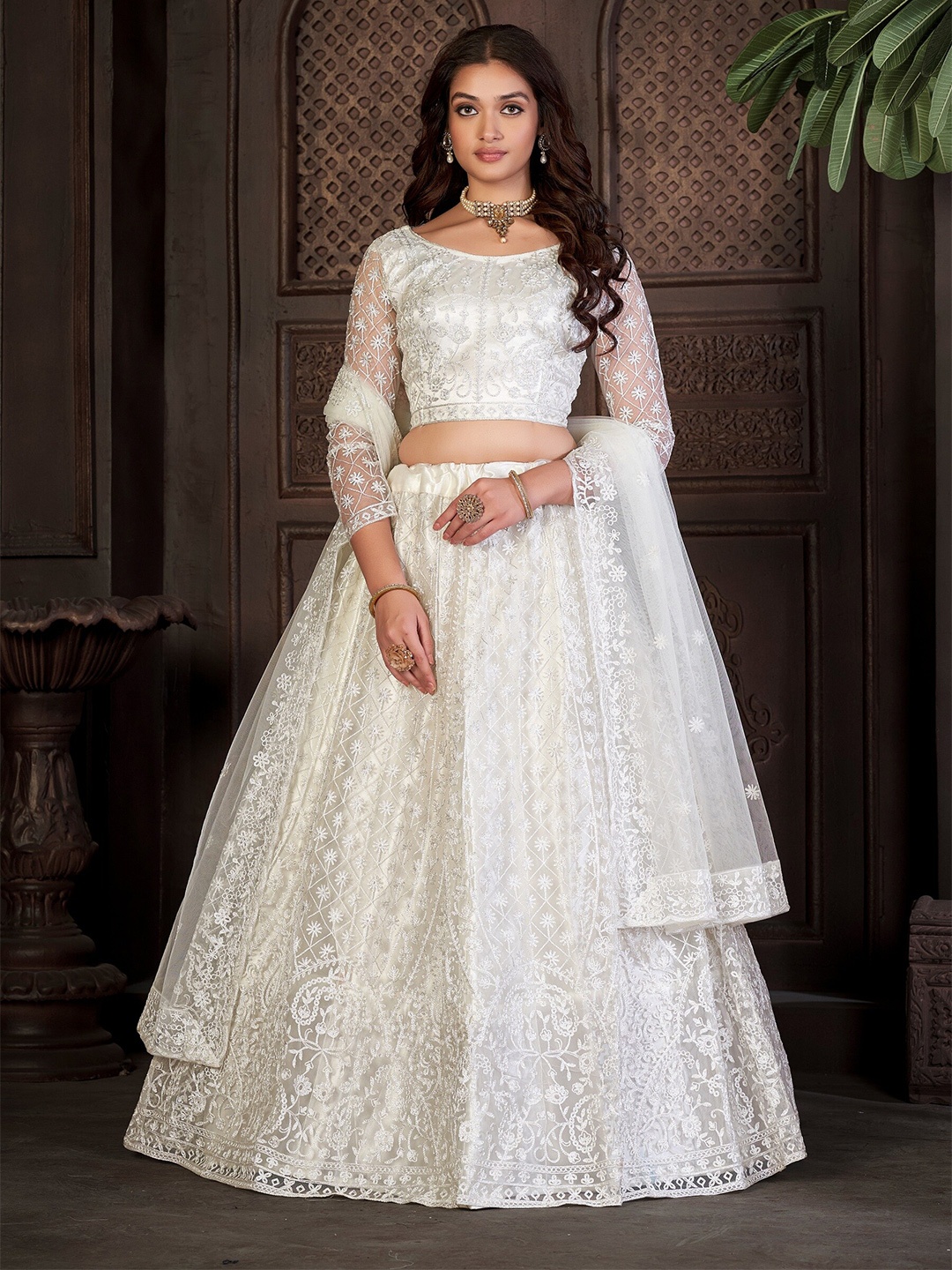 

KALINI Embroidered Semi-Stitched Lehenga & Unstitched Blouse With Dupatta, White