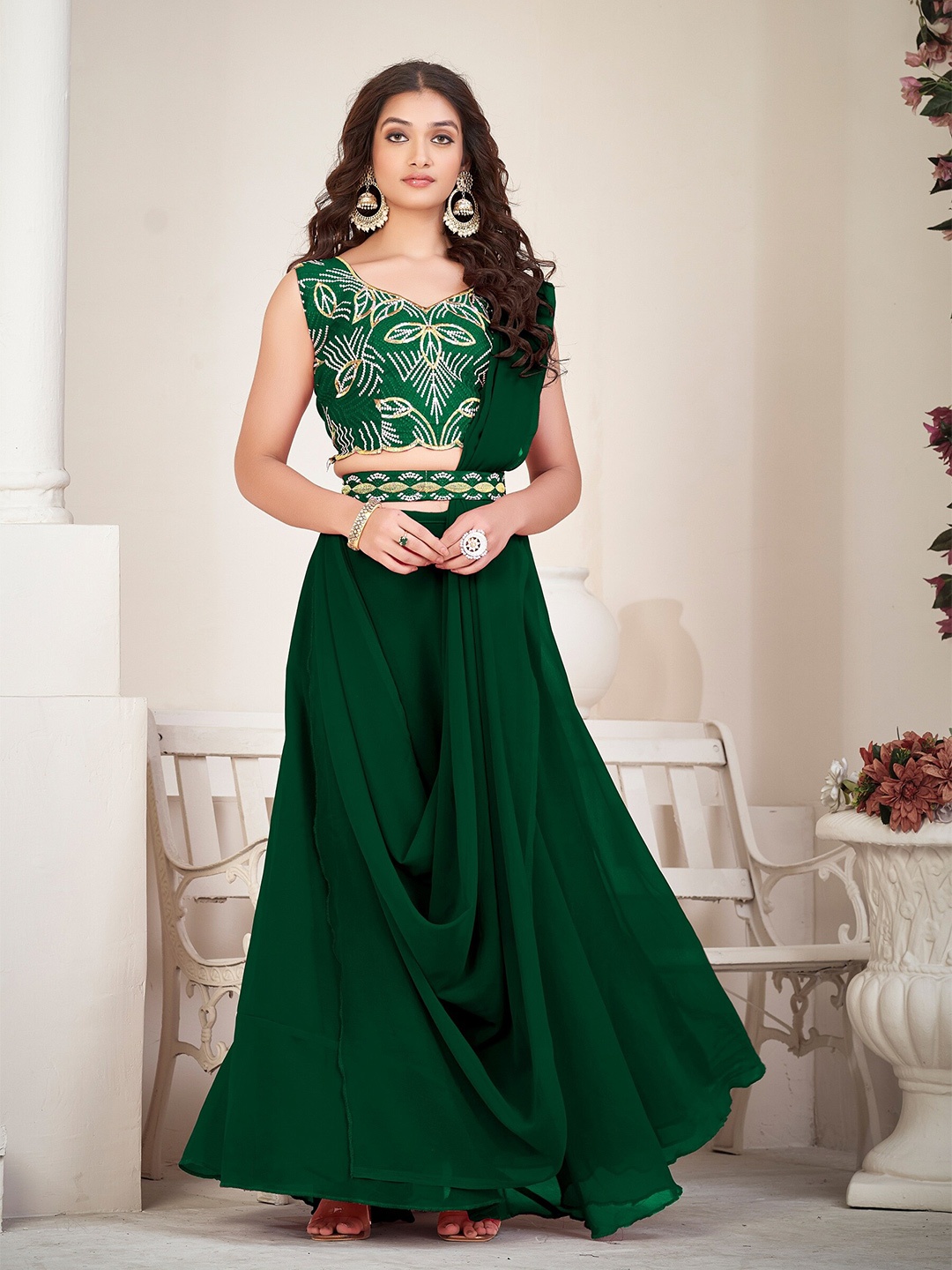 

KALINI Embroidered Thread Work Semi-Stitched Lehenga & Unstitched Blouse With Dupatta, Green