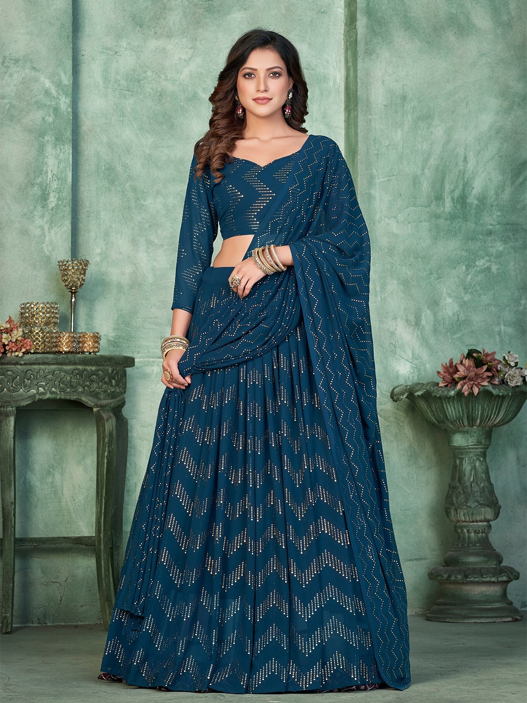 

KALINI Woven Design Sequinned Semi-Stitched Lehenga & Unstitched Blouse With Dupatta, Blue