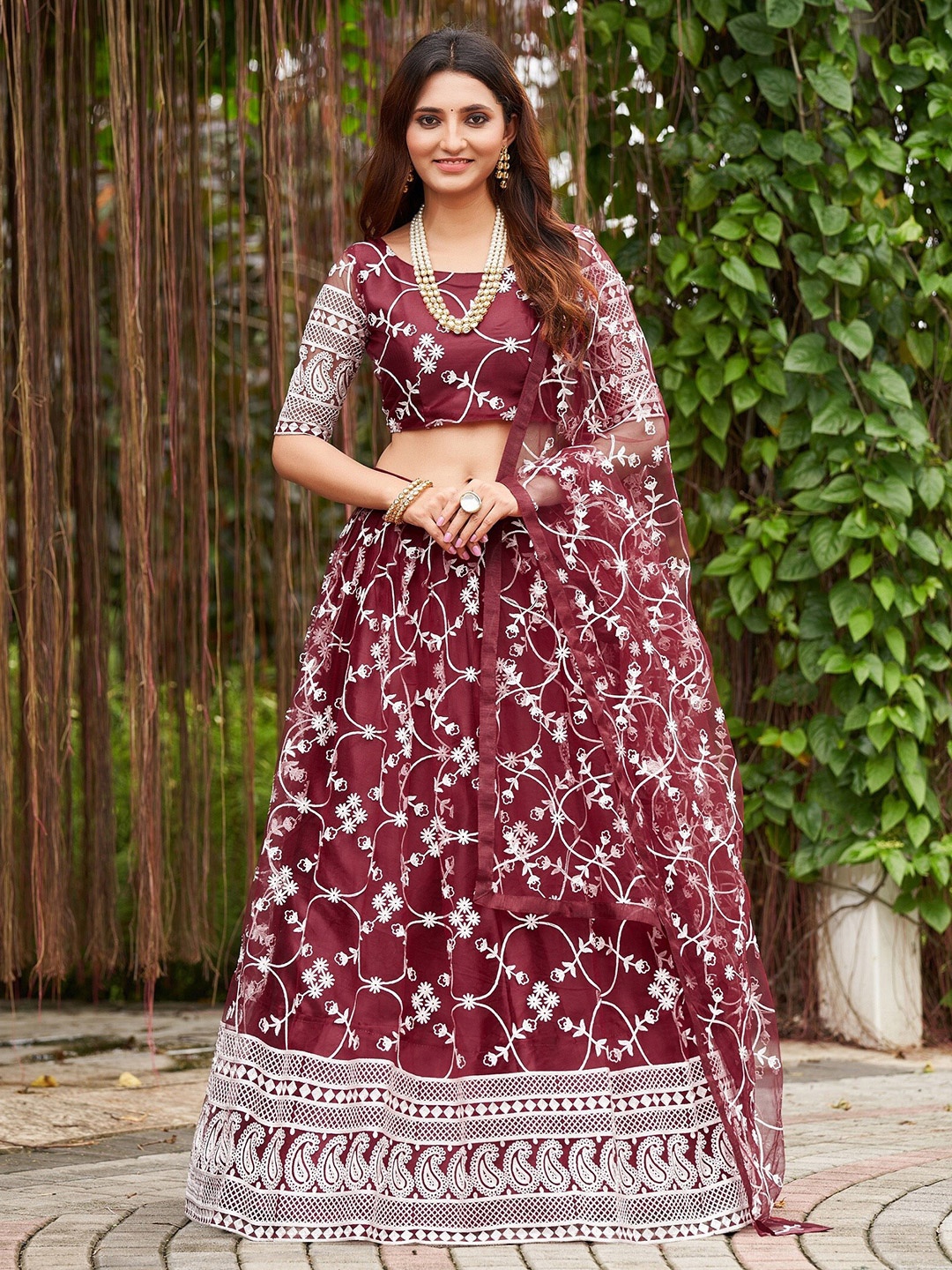 

KALINI Embroidered Thread Work Semi-Stitched Lehenga & Unstitched Blouse With Dupatta, Maroon