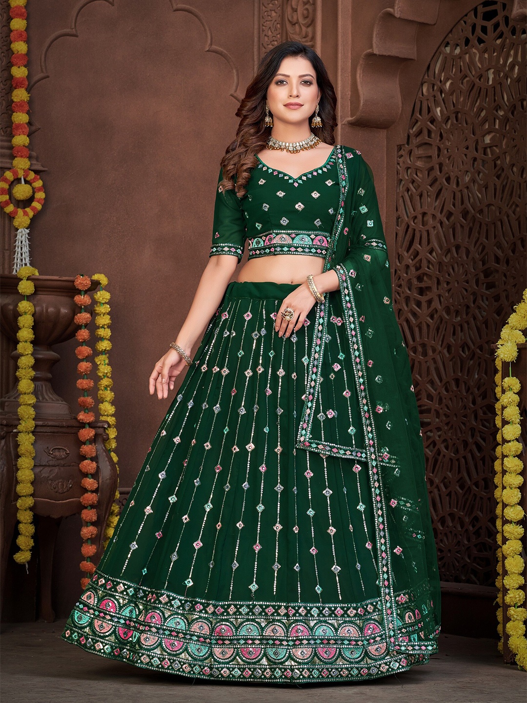 

KALINI Embellished Sequinned Semi-Stitched Lehenga & Unstitched Blouse With Dupatta, Green