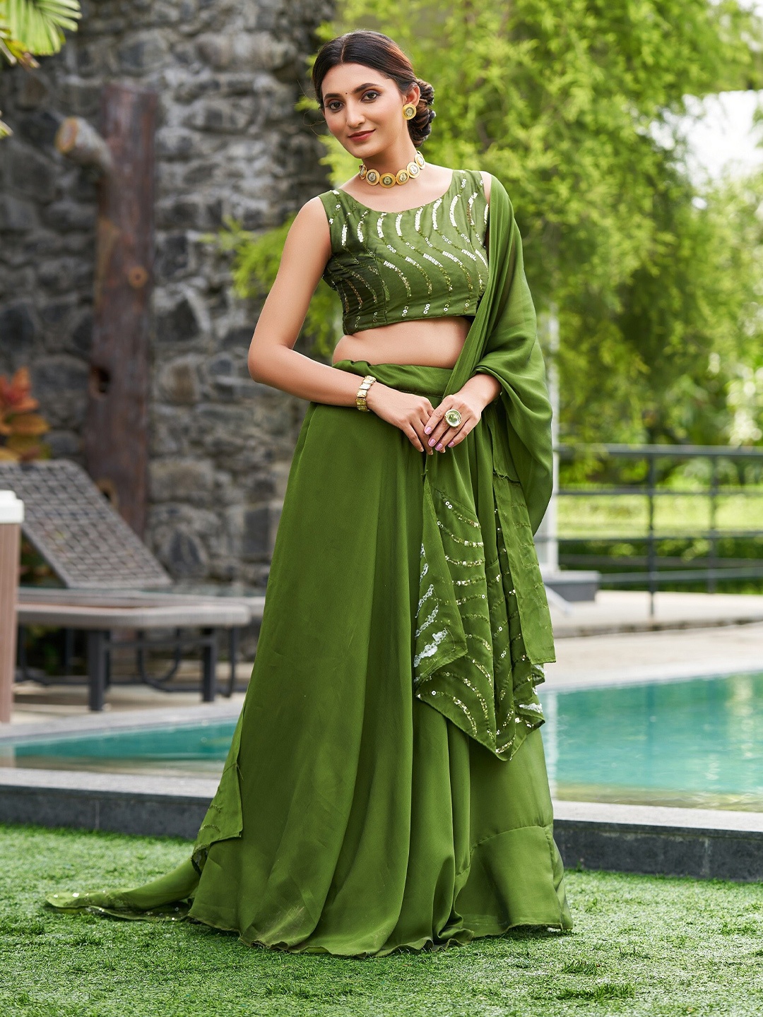 

KALINI Embroidered Thread Work Semi-Stitched Lehenga & Unstitched Blouse With Dupatta, Green