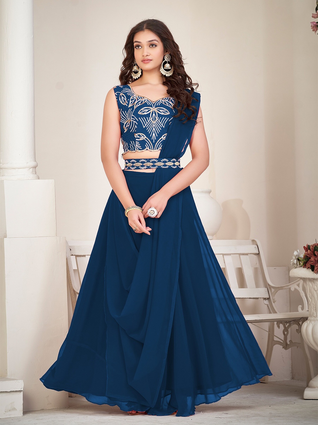 

KALINI Embroidered Thread Work Semi-Stitched Lehenga & Unstitched Blouse With Dupatta, Blue