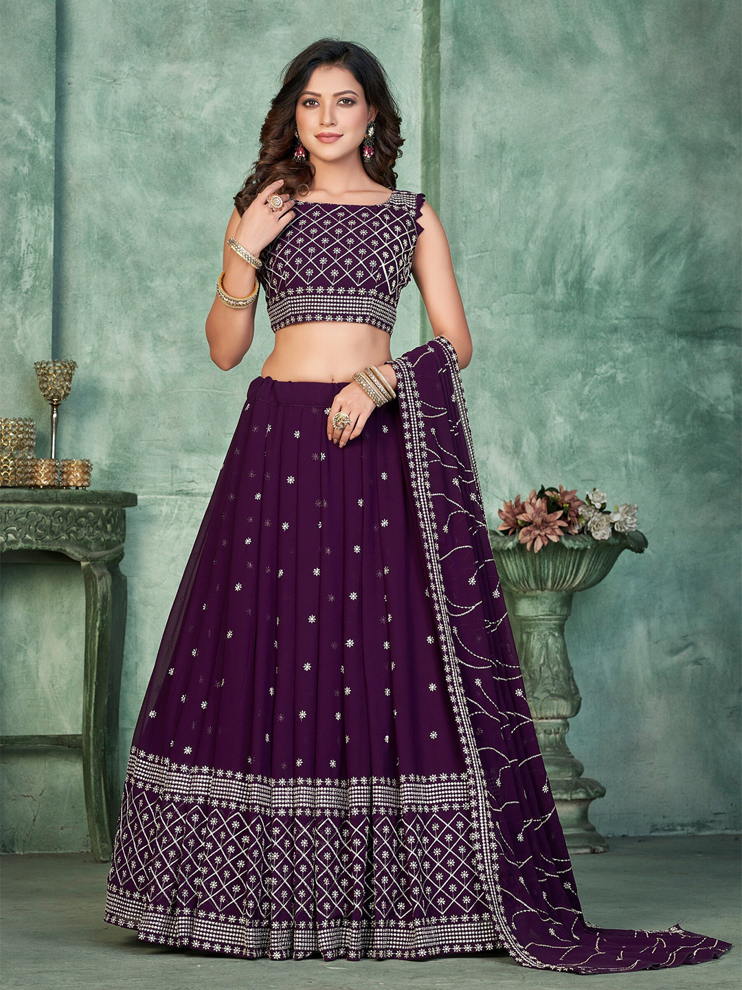 

KALINI Sequinned Semi-Stitched Lehenga & Unstitched Blouse With Dupatta, Purple
