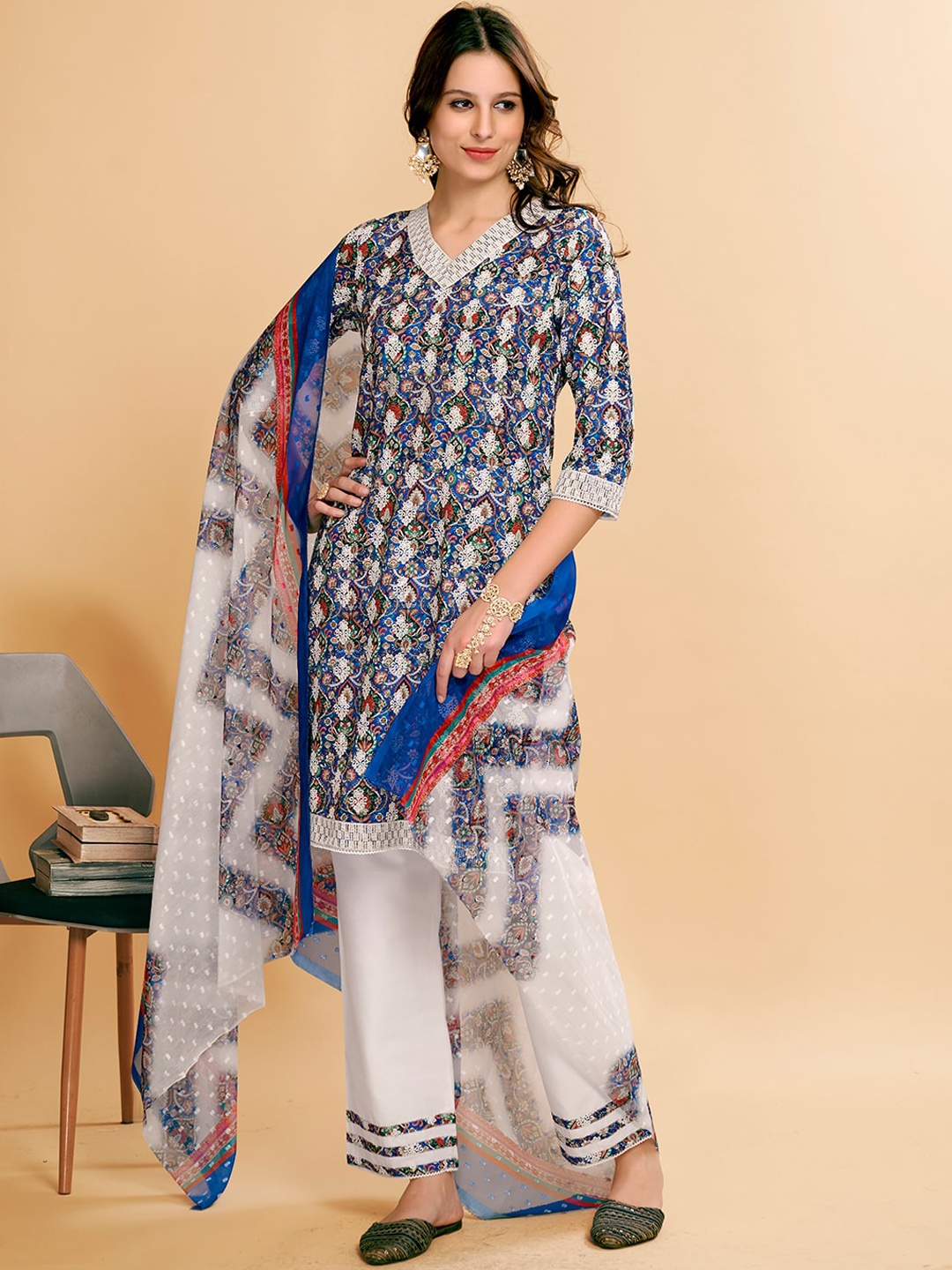 

Anouk Ethnic Motifs Printed Regular Thread Work Kurta With Palazzos & Dupatta, Blue