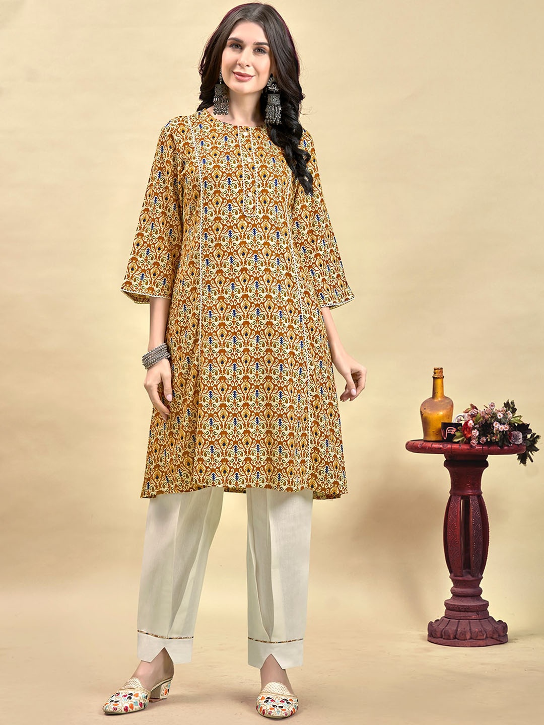 

Anouk Floral Printed Round Neck Three Quarter Sleeves Panelled A Line Kurta with Salwar, Mustard
