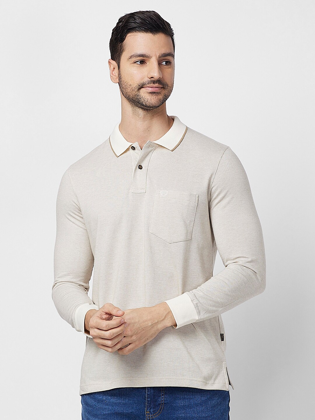 

CELSIUS Checked Polo Collar Long Sleeves T-shirt, Cream