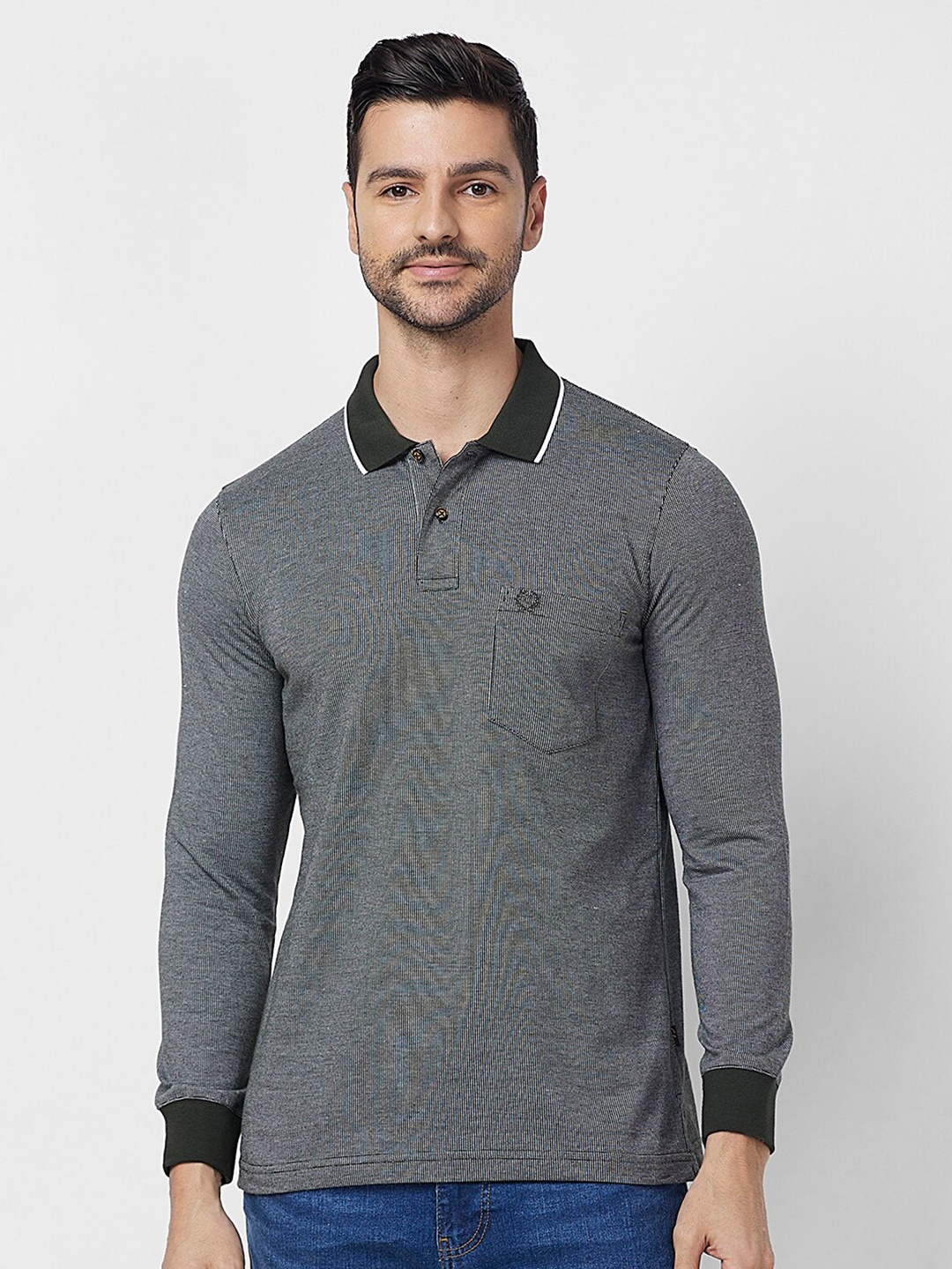 

CELSIUS Checked Long Sleeves Polo Collar Jaquard T-shirt, Green