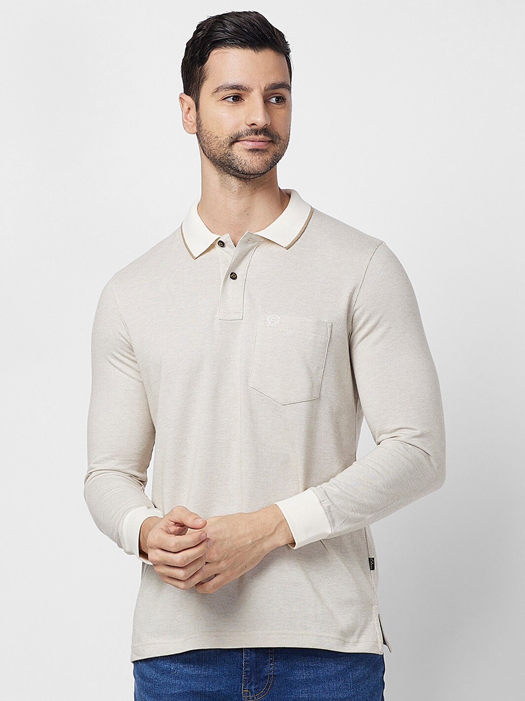 

CELSIUS Striped Long Sleeves Polo Collar Jaquard T-shirt, Off white