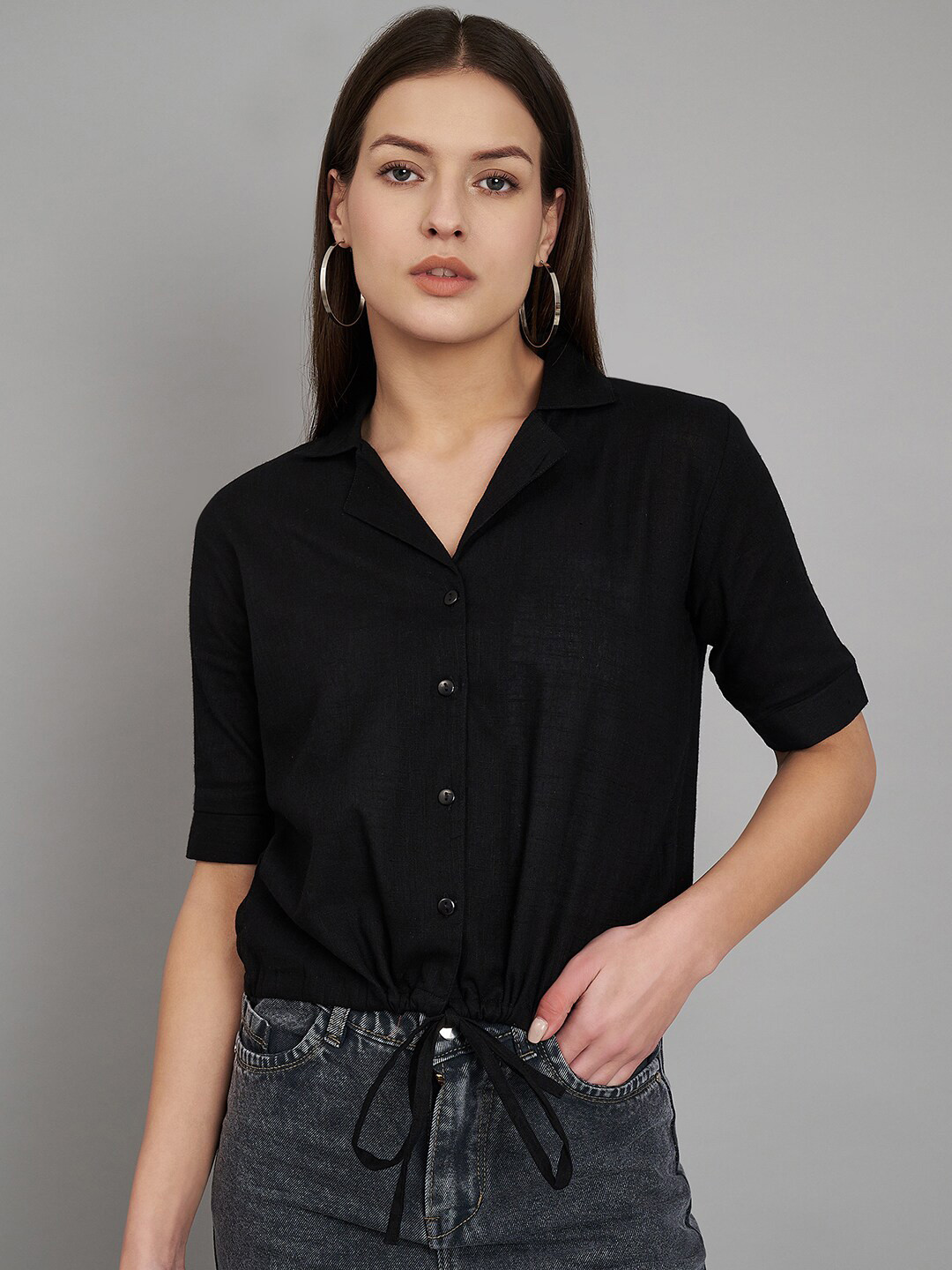 

Fab Star Lapel Collar Waist Tie Ups Cotton Shirt Style Top, Black