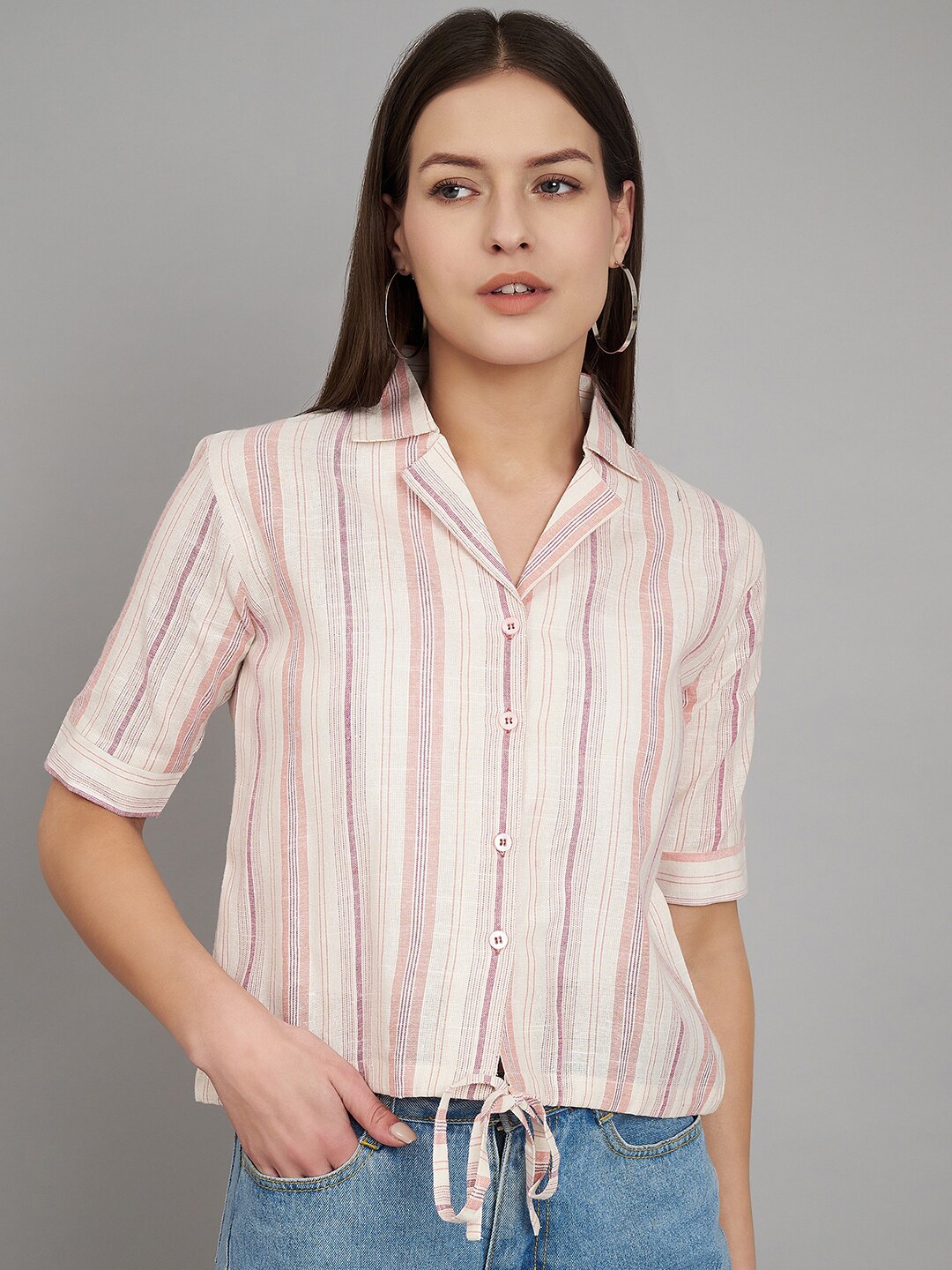 

Fab Star Striped Lapel Collar Waist Tie Ups Cotton Shirt Style Top, Pink