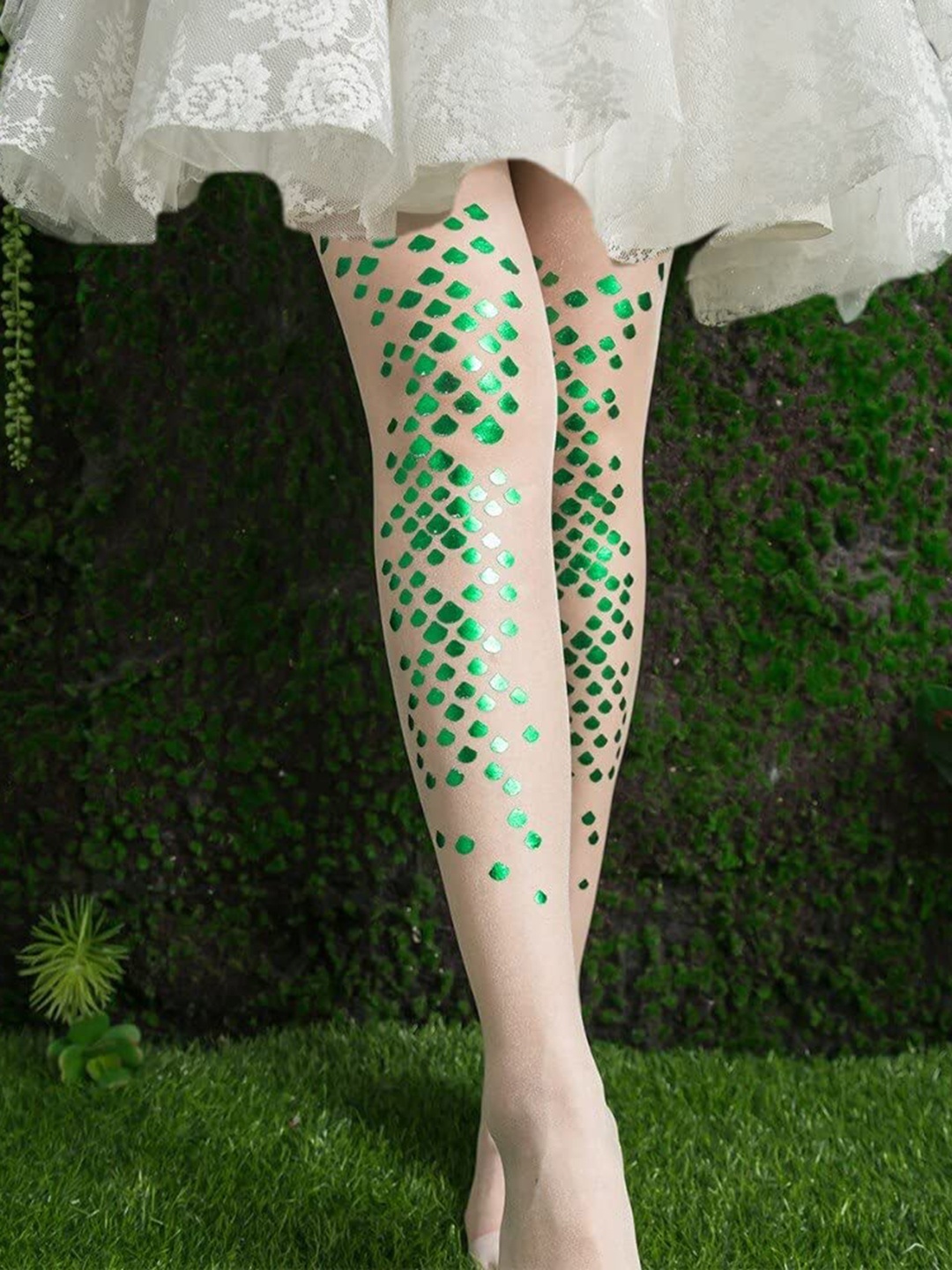 

SYGA Women Geometric Printed Stretchable Pearl Pantyhose Stocking, Green