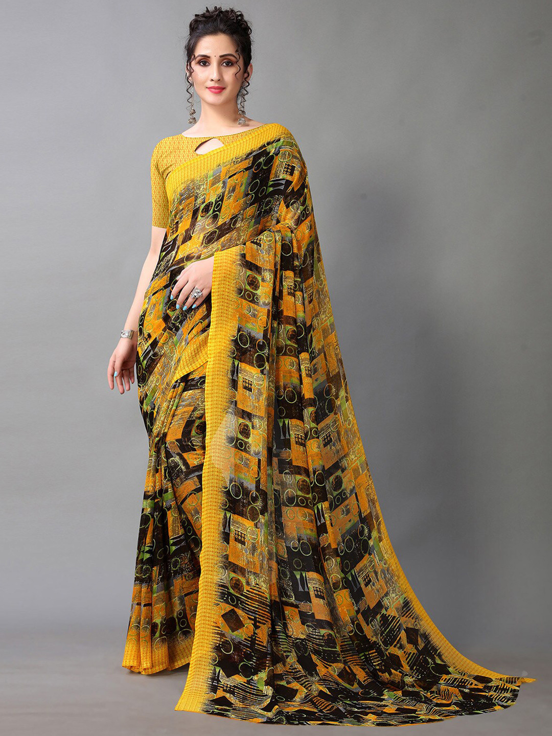 

KALINI Geometric Printed Saree, Yellow