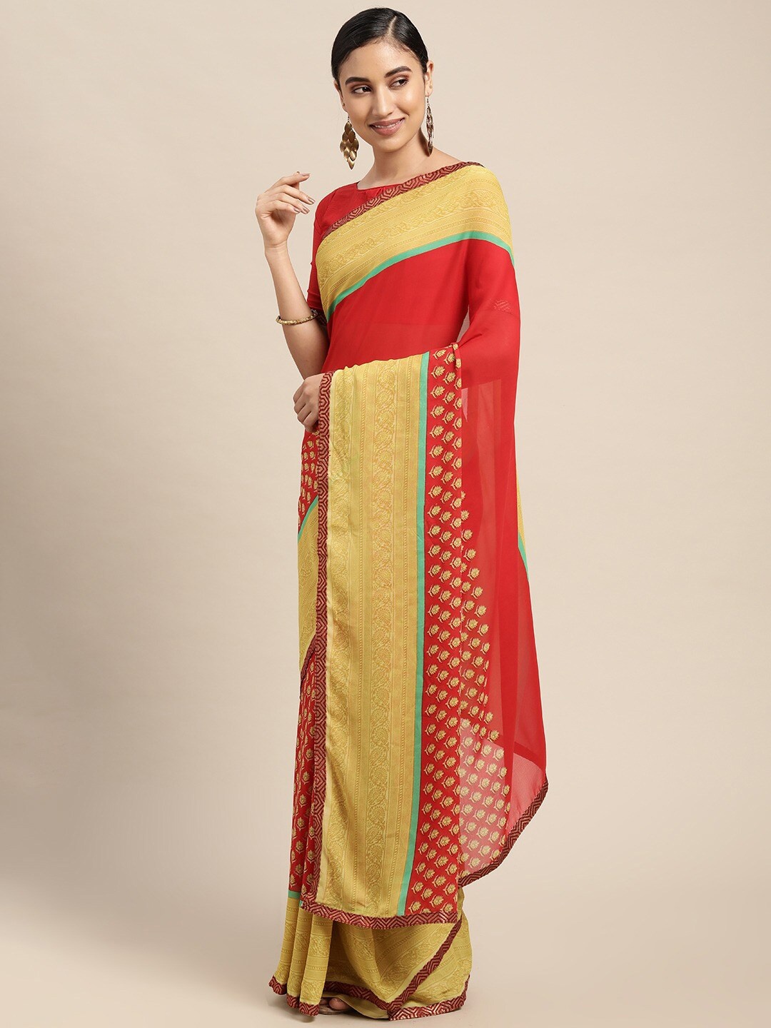 

KALINI Ethnic Motifs Printed Poly Georgette Saree, Red