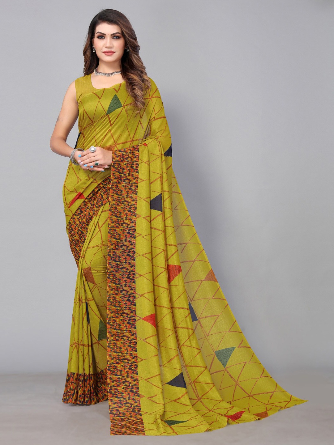 

KALINI Geometric Printed Saree, Green