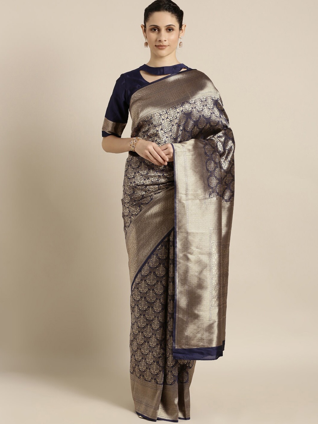 

KALINI Ethnic Motifs Woven Design Zari Saree, Navy blue