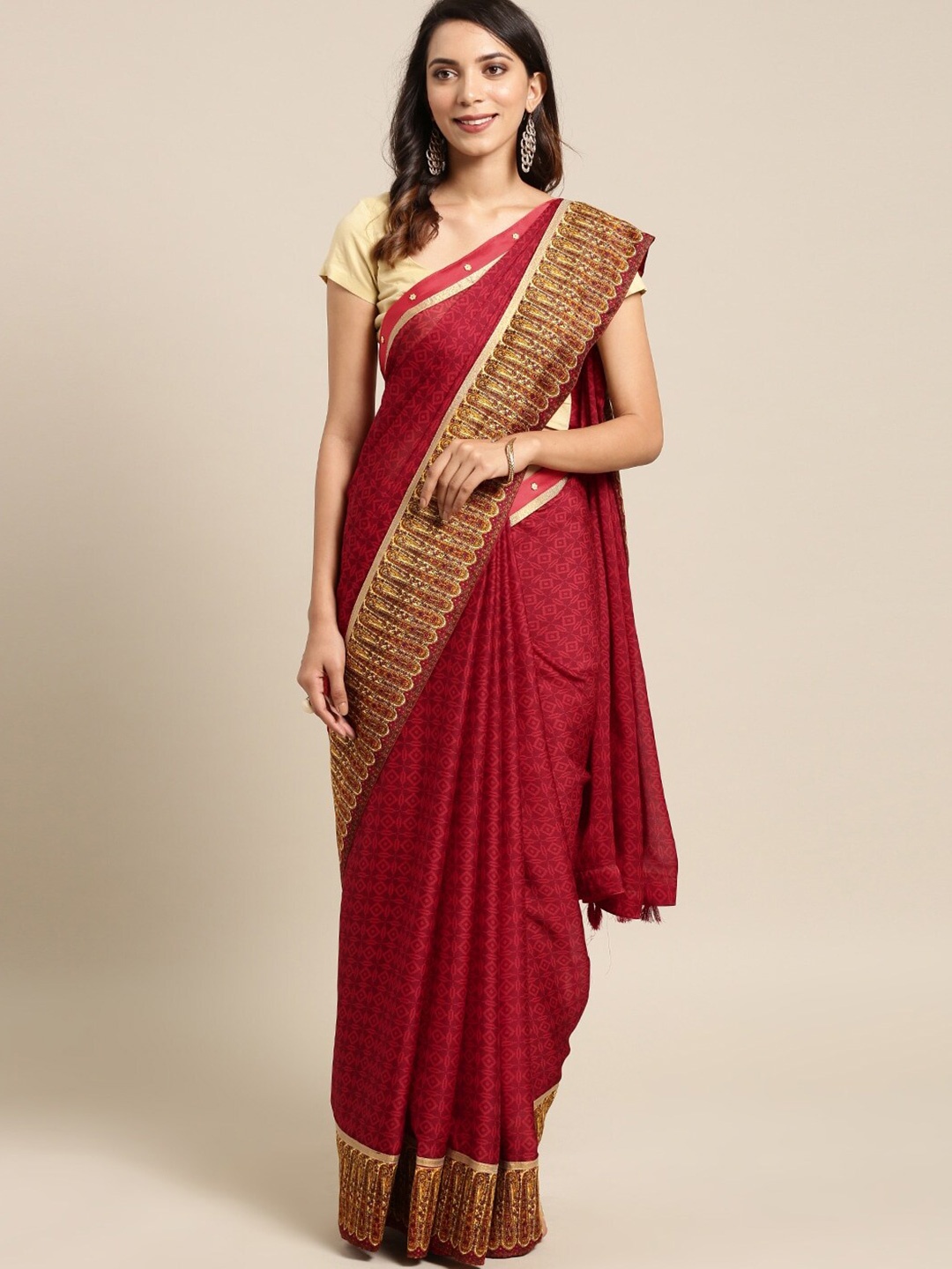 

KALINI Geometric Printed Saree, Maroon