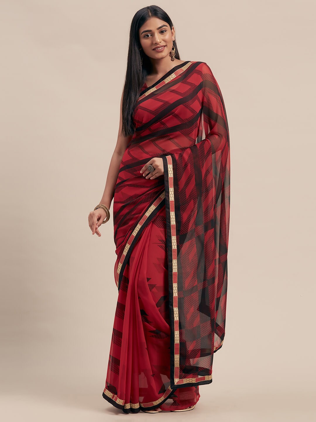 

KALINI Geometric Printed Saree, Red