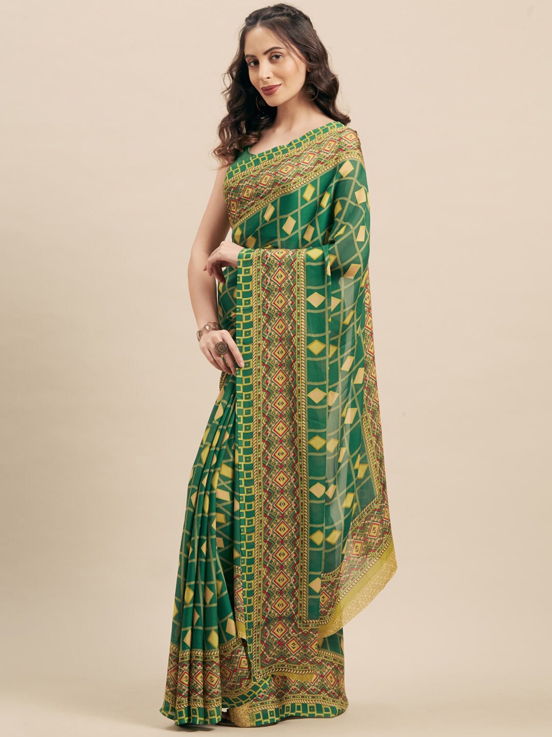 KALINI Geometric Printed Saree, Green