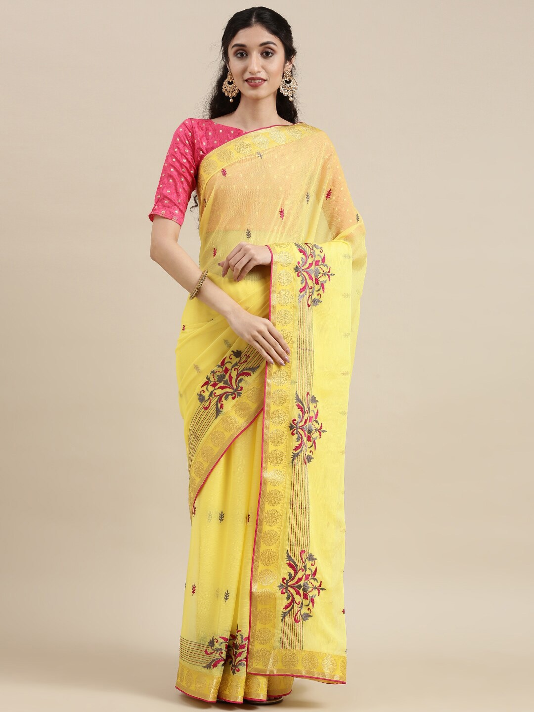 

KALINI Floral Embroidered Saree, Yellow