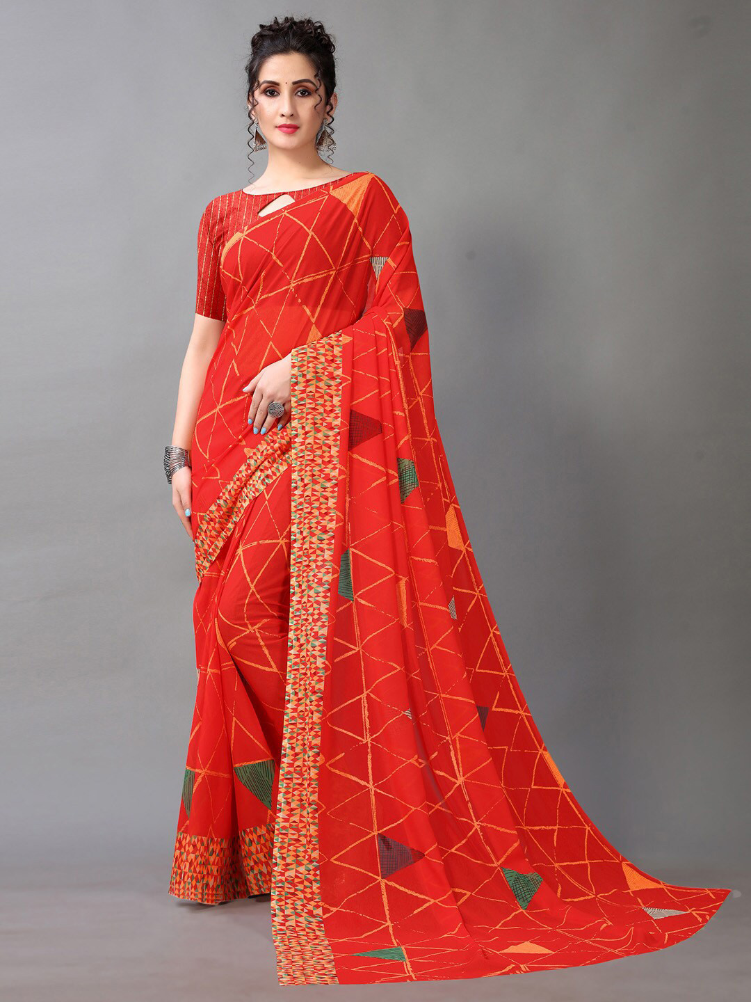 

KALINI Geometric Printed Saree, Red