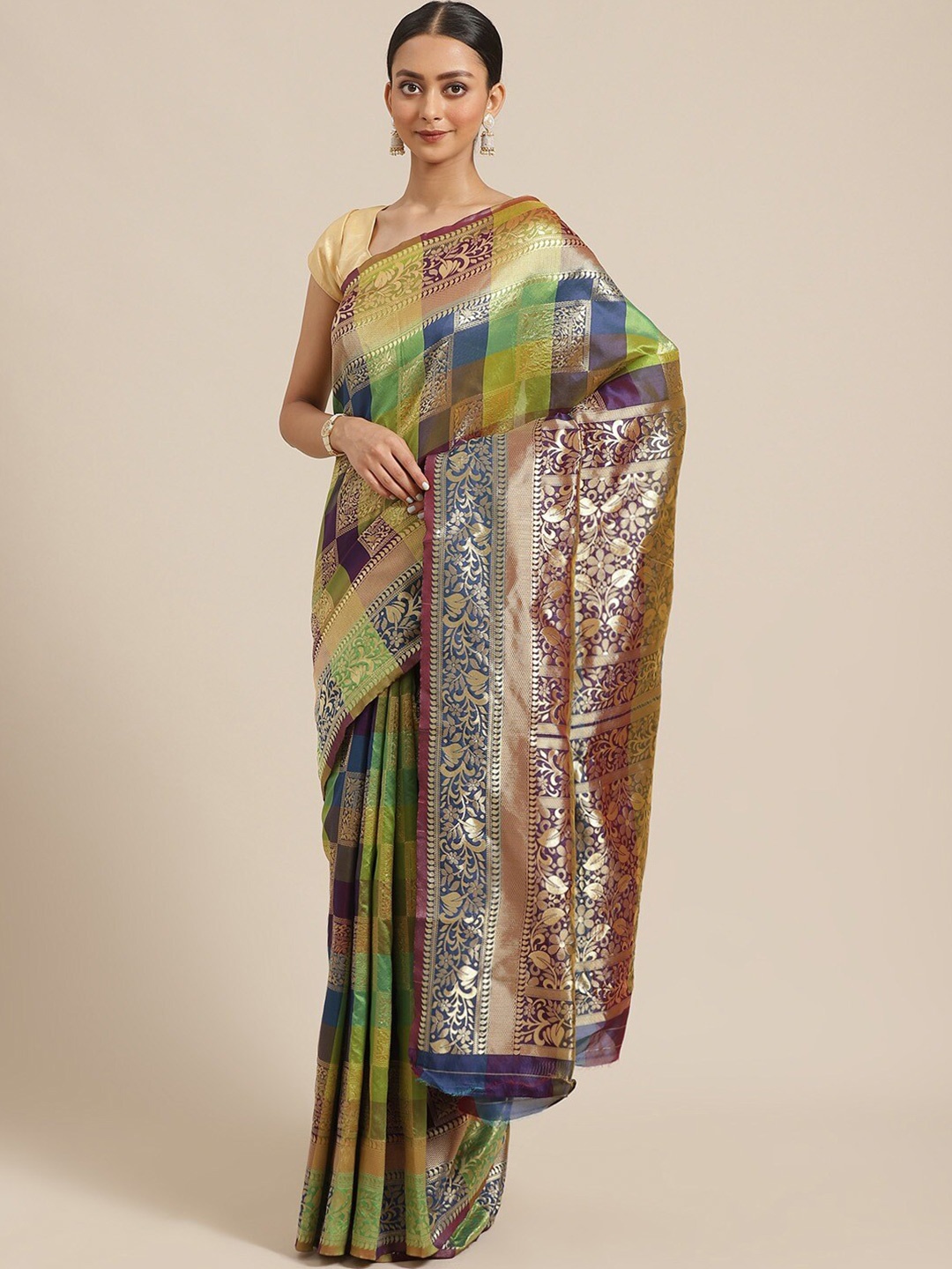 

KALINI Ethnic Motifs Woven Design Zari Saree, Green