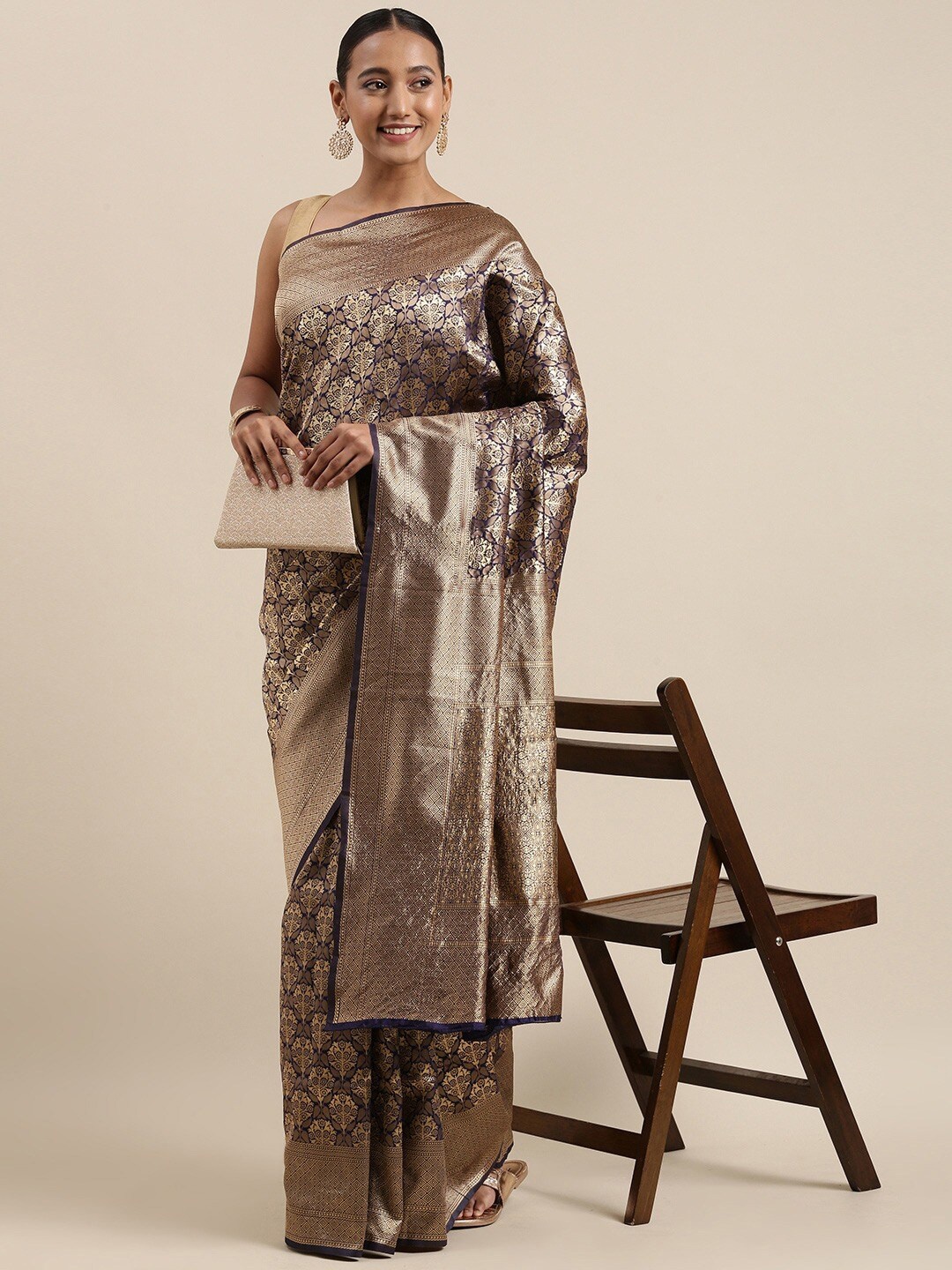 

KALINI Ethnic Motifs Woven Design Zari Saree, Navy blue