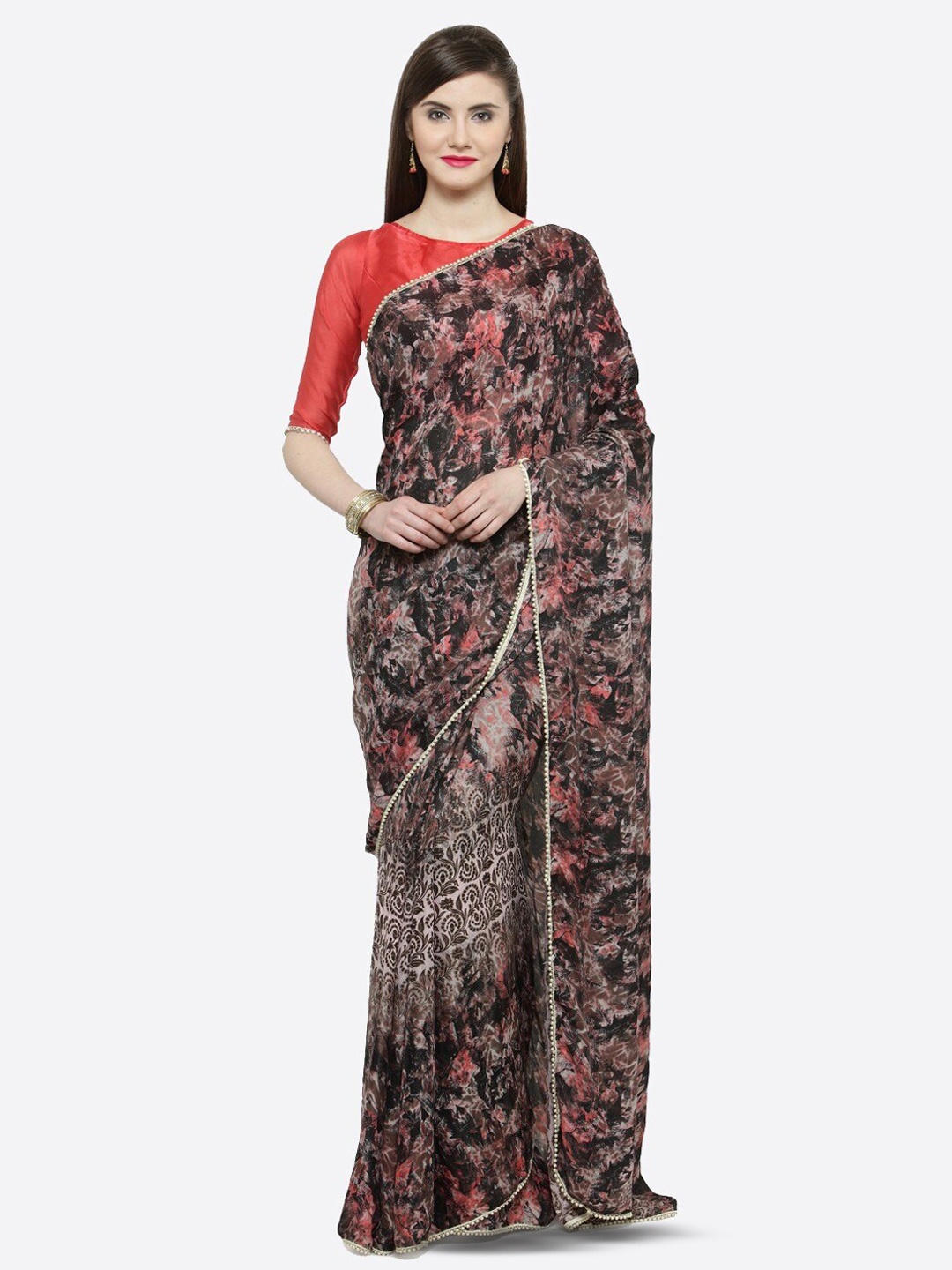 KALINI Floral Printed Satin Saree, Black