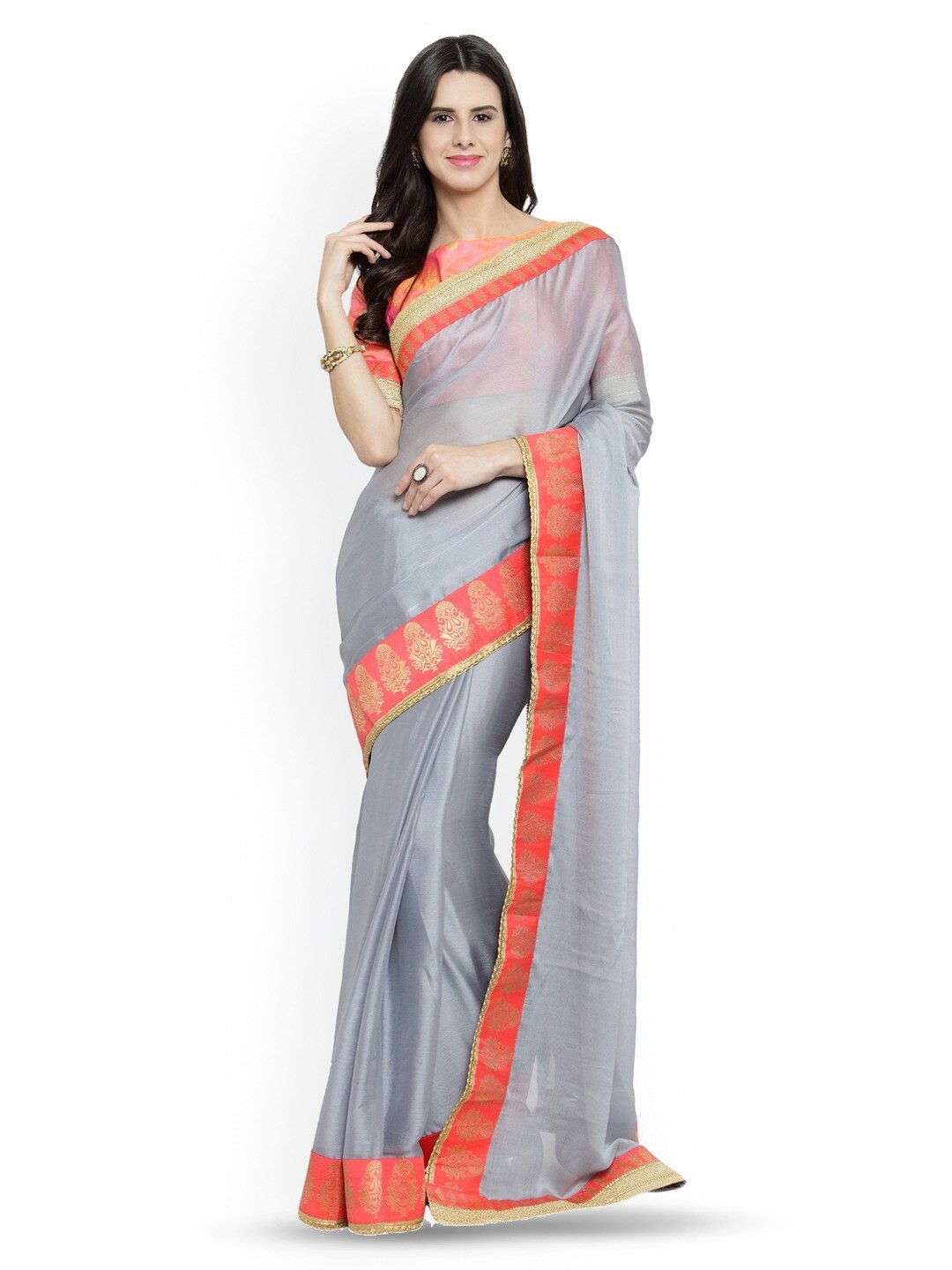 

KALINI Woven Design Border Saree, Grey
