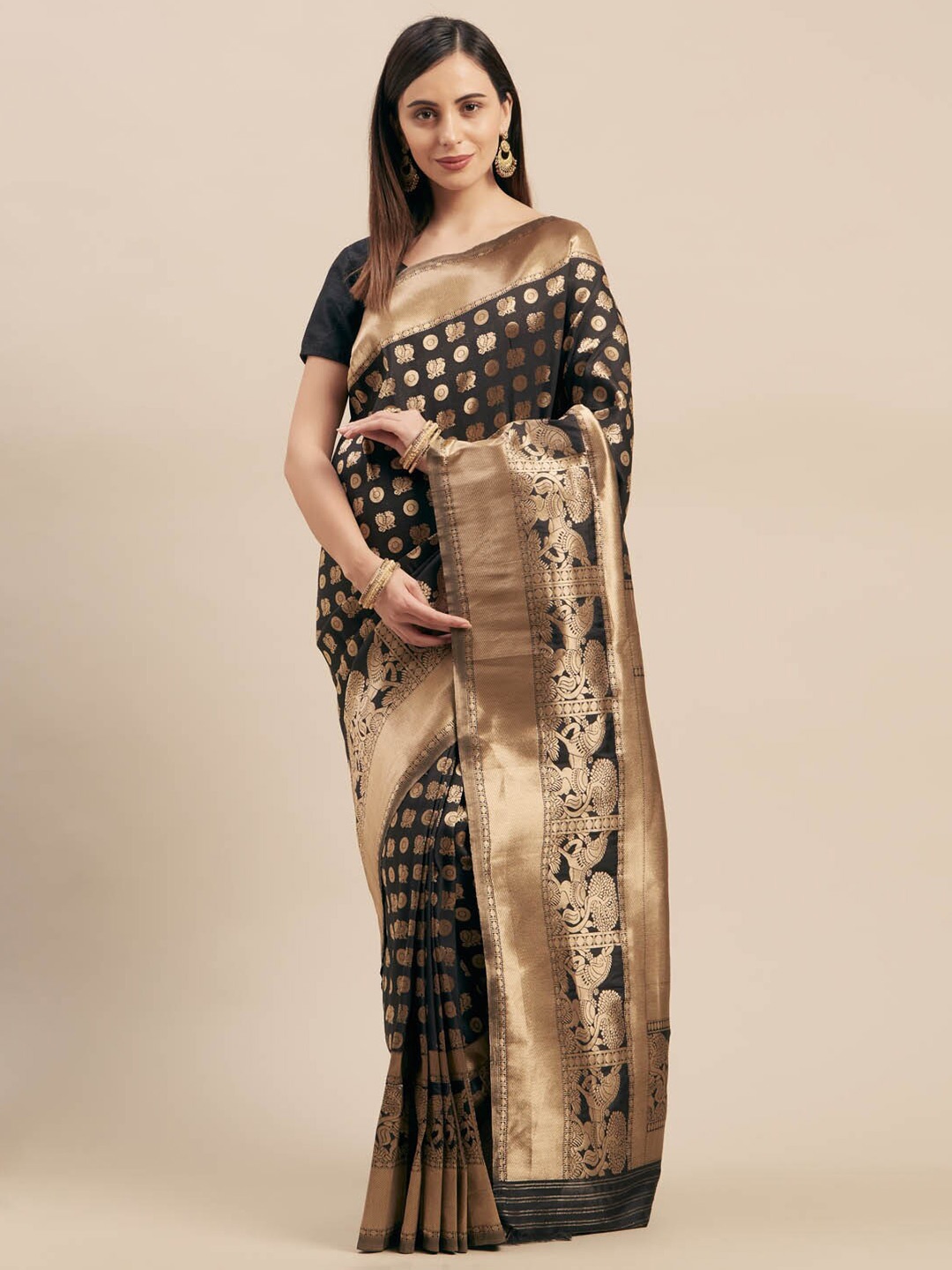 

KALINI Ethnic Motifs Woven Design Zari Saree, Black