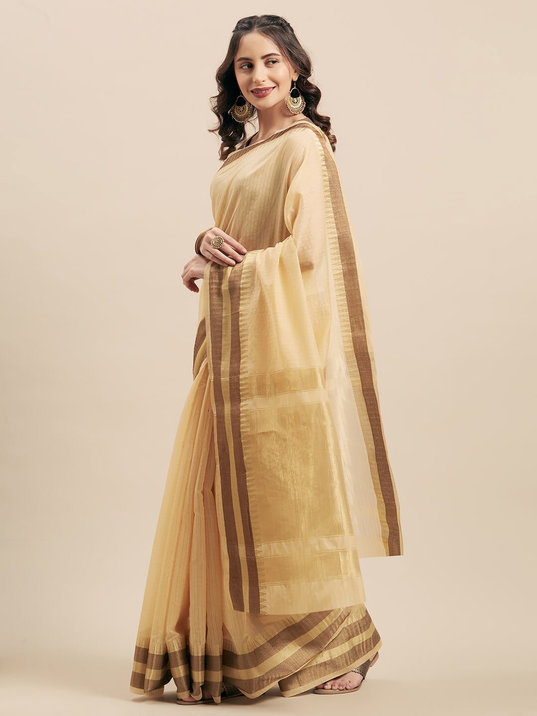 KALINI Striped Art Silk Saree, Beige
