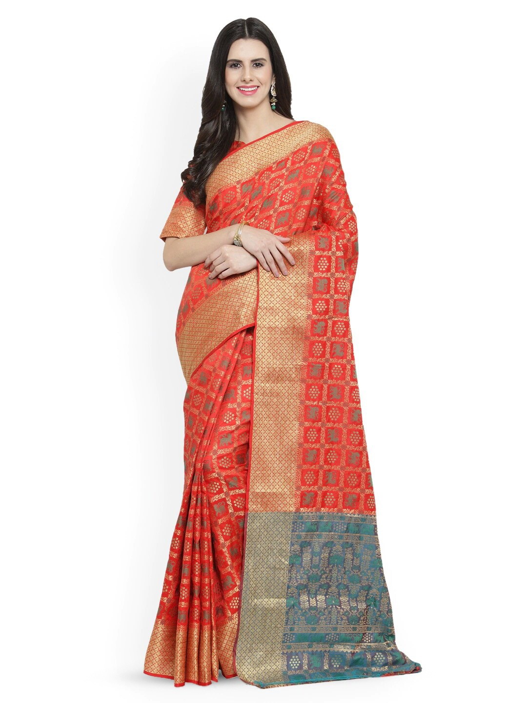 

KALINI Ethnic Motifs Woven Design Zari Saree, Orange