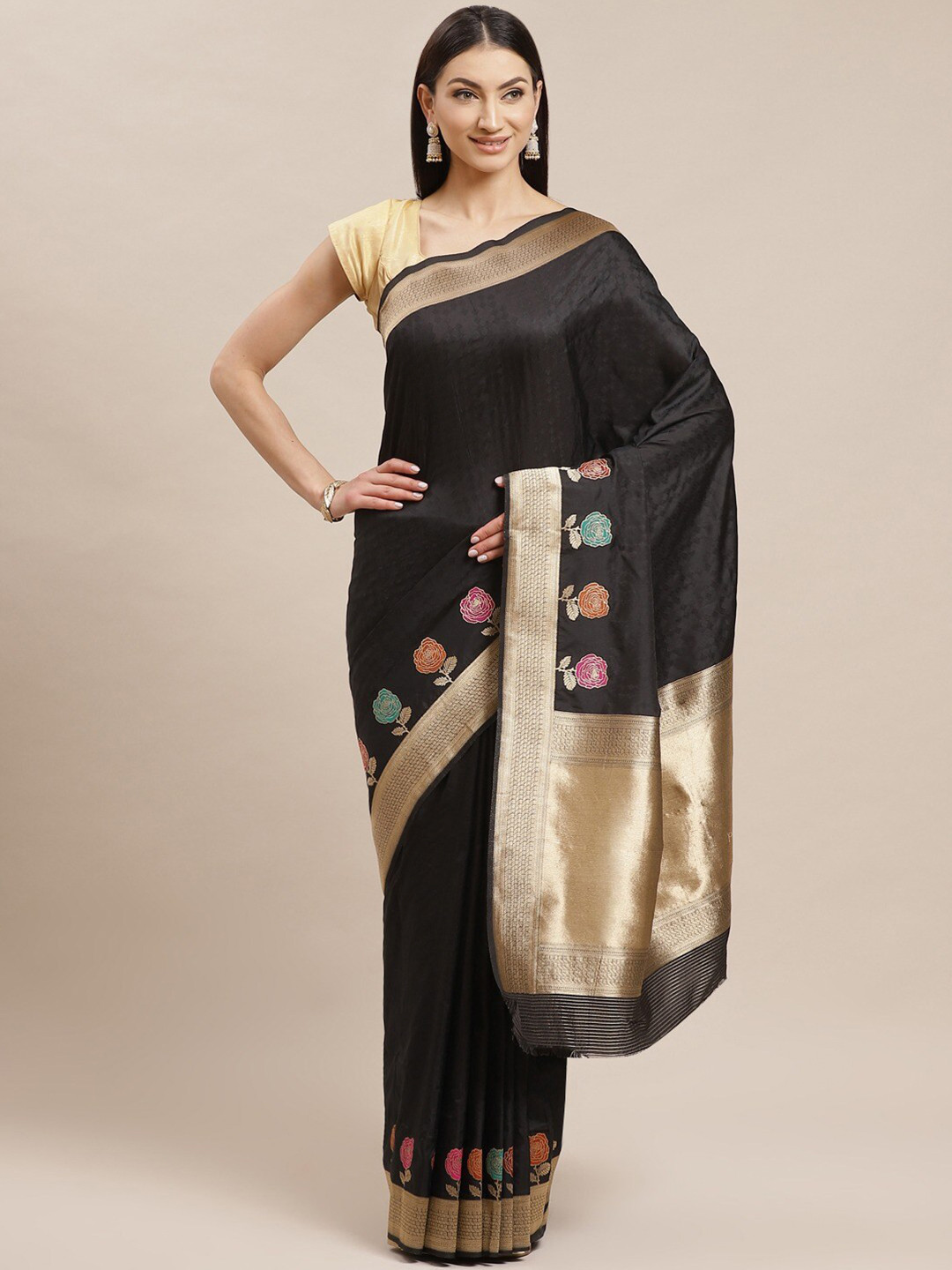 

KALINI Floral Woven Design Zari Saree, Black