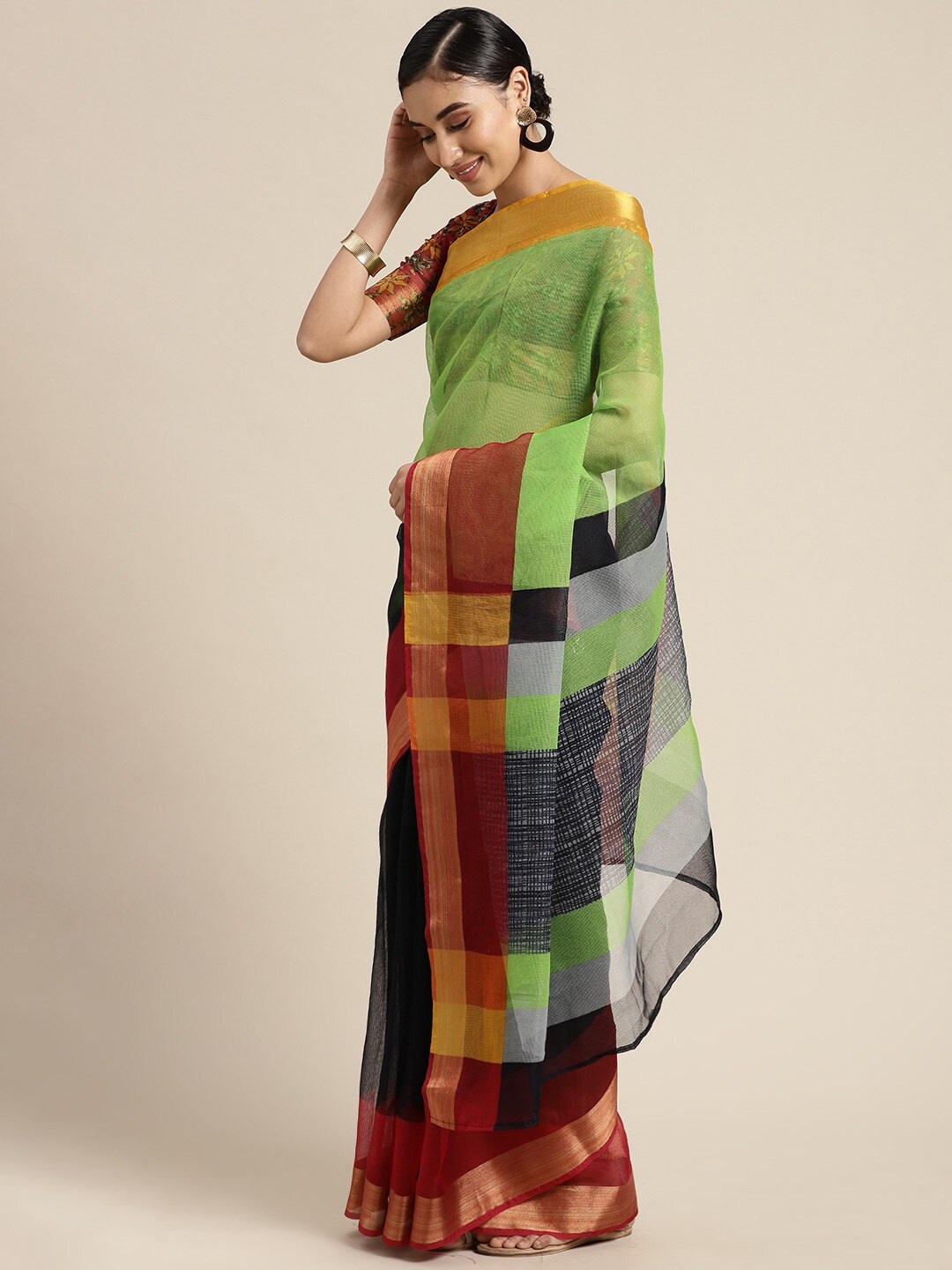 

KALINI Colourblocked Zari Saree, Black