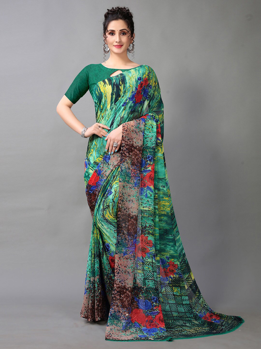 

KALINI Floral Printed Saree, Green