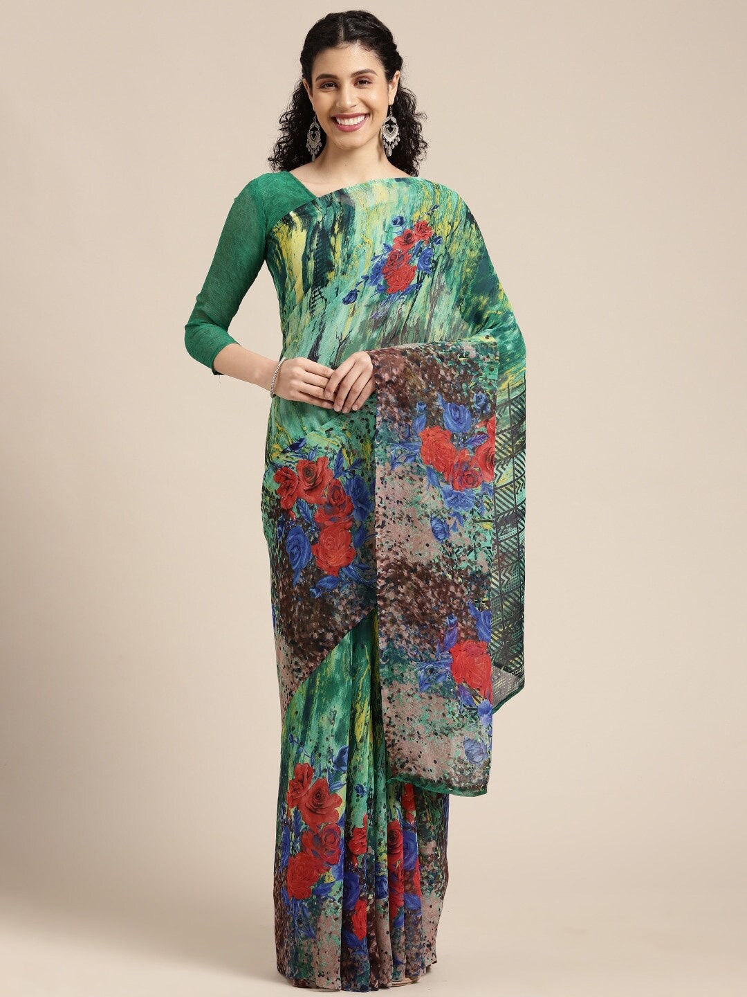 

KALINI Floral Printed Saree, Green
