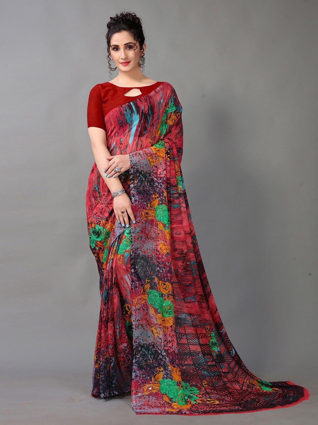 

KALINI Floral Printed Saree, Maroon