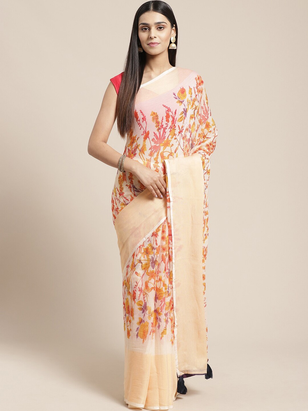 KALINI Floral Printed Saree, Beige