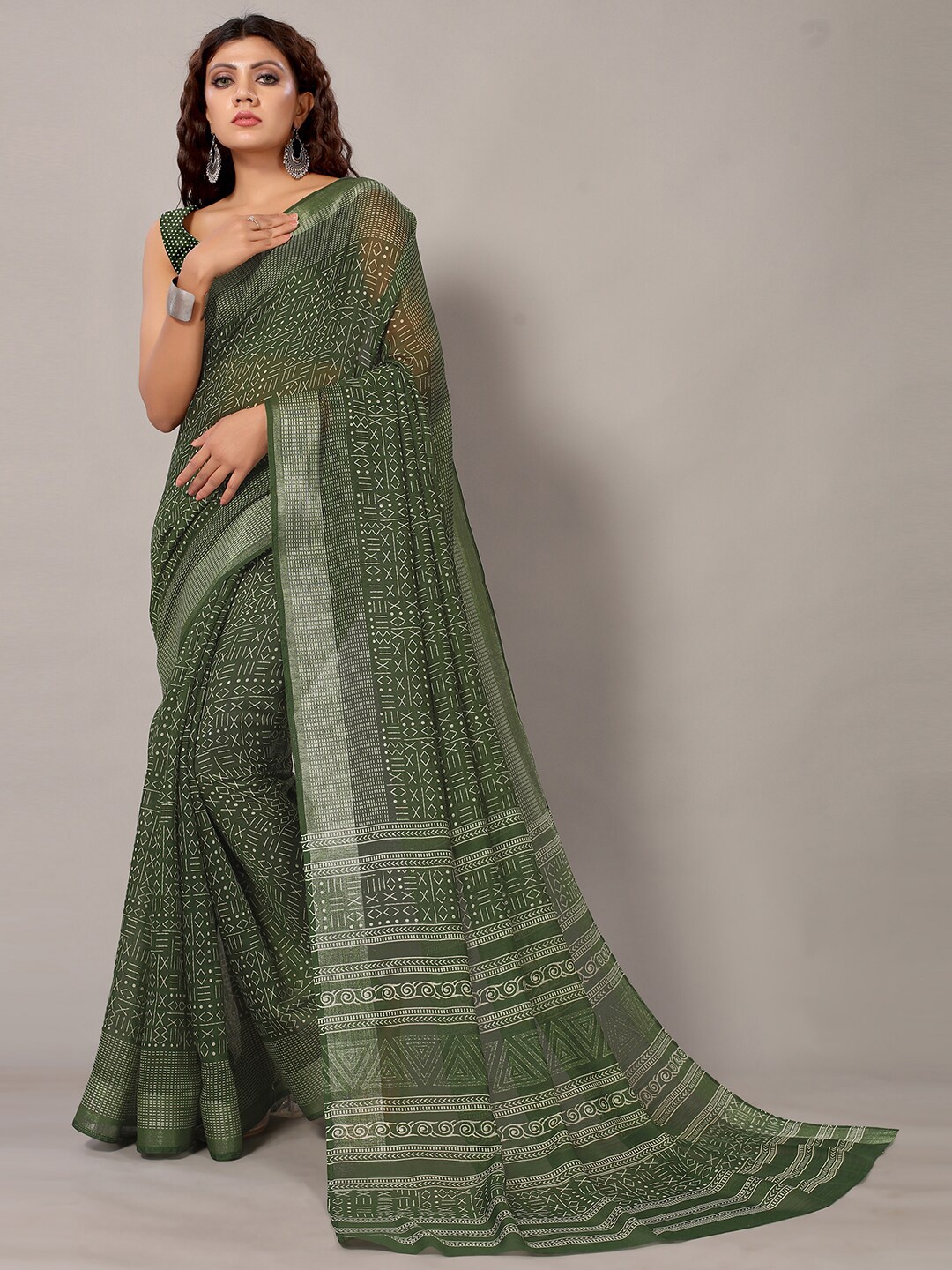 KALINI Geometric Printed Art Silk Saree, Green